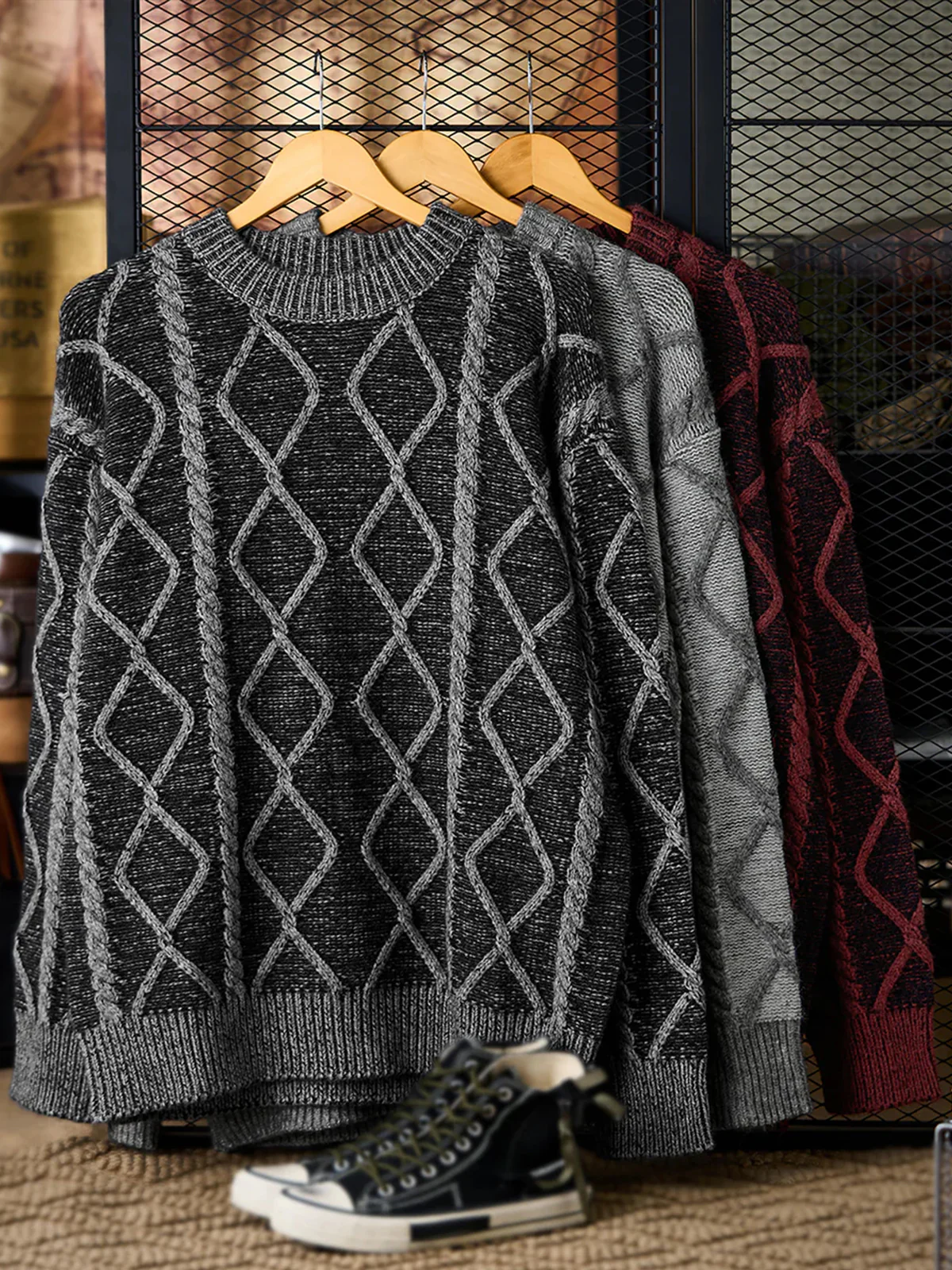 Crew Neck Sweater with Diamond Cable Knit Pattern - Image 5