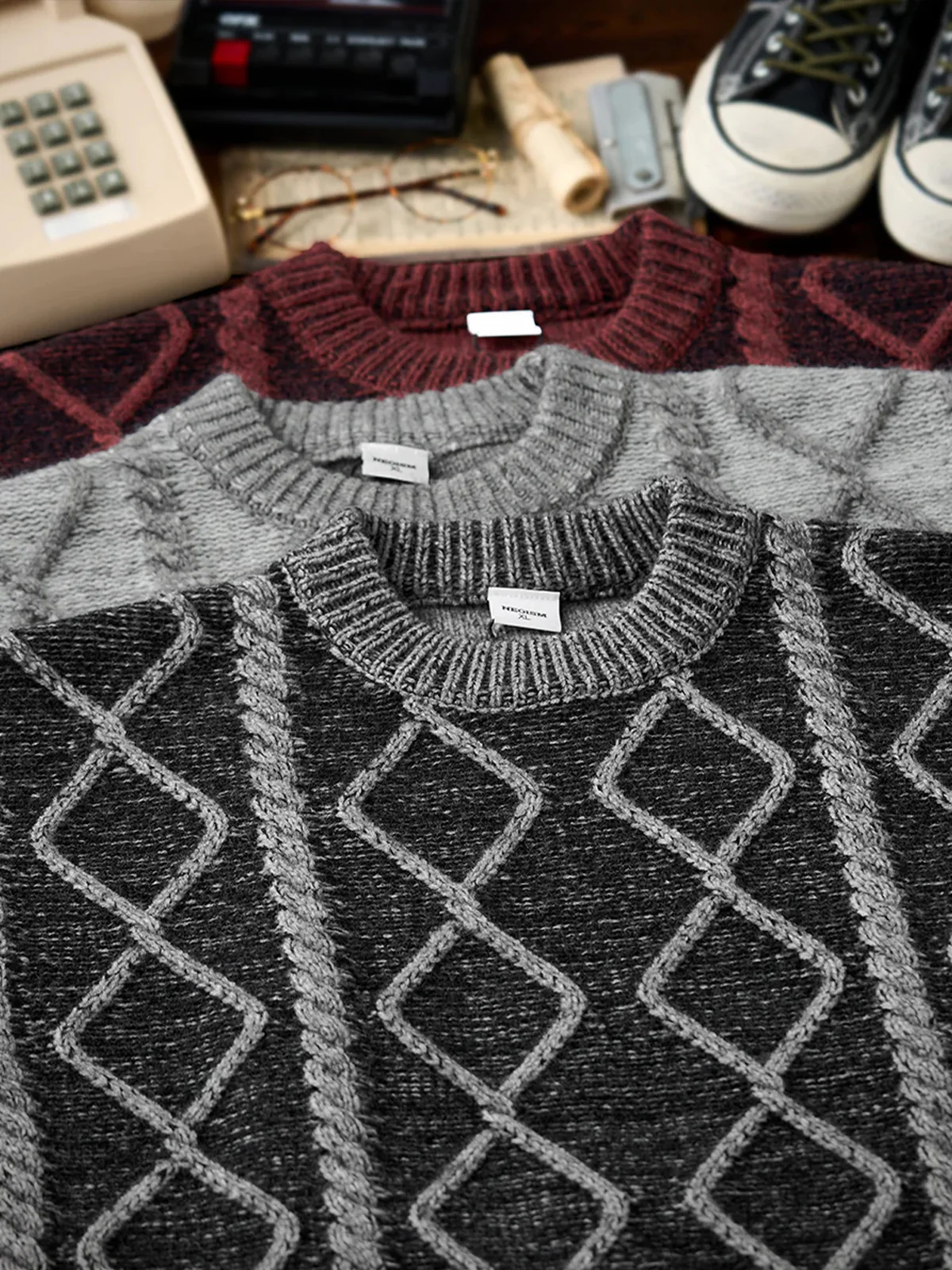 Crew Neck Sweater with Diamond Cable Knit Pattern - Image 6