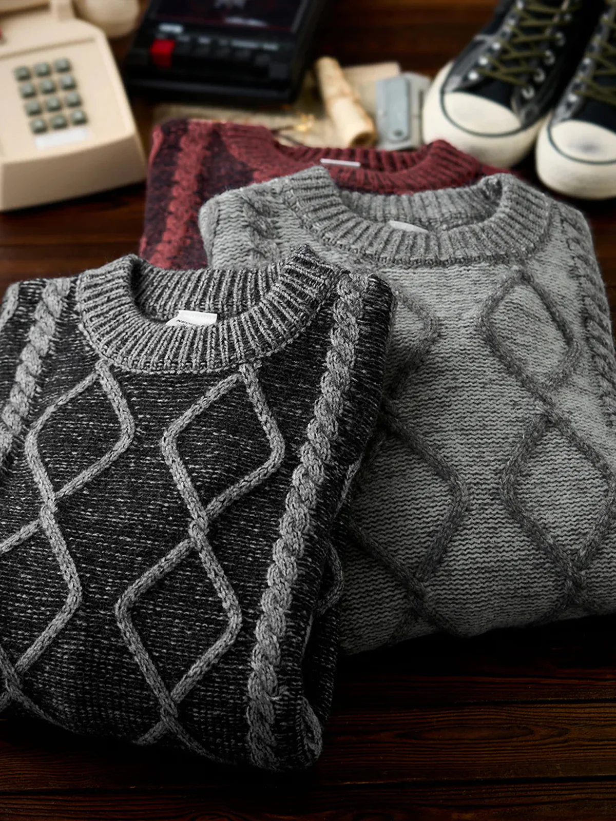Crew Neck Sweater with Diamond Cable Knit Pattern - Image 8
