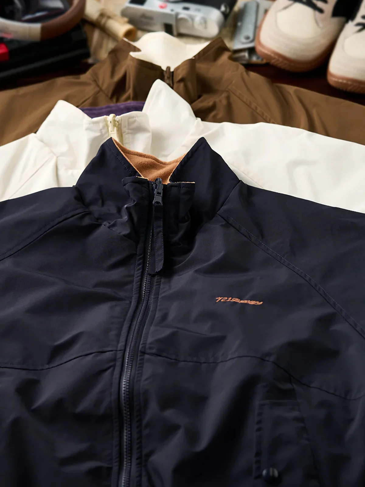 Reversible Stand Collar Jacket with Mini Chest Embroidery - Image 11