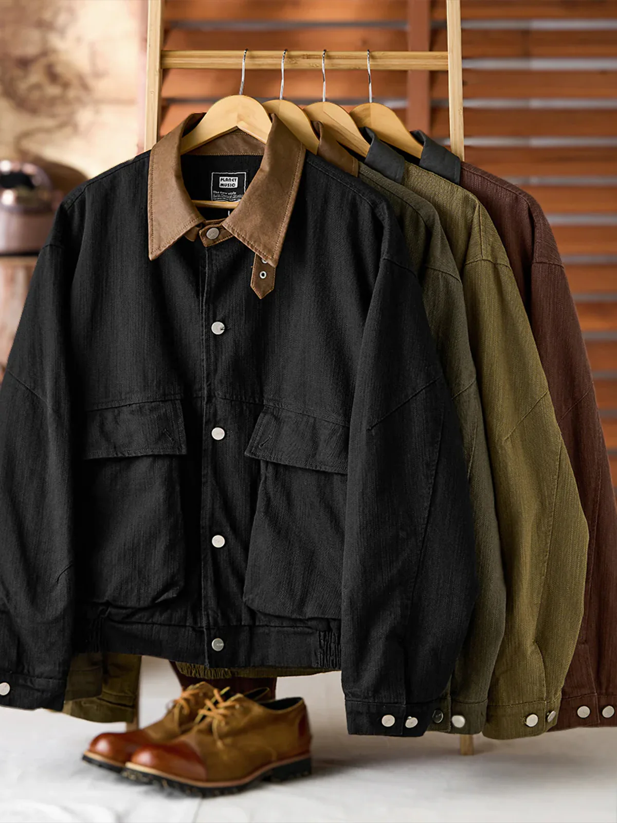 Mixed-Material Hunting Jacket with Leather-Effect Collar - Image 6