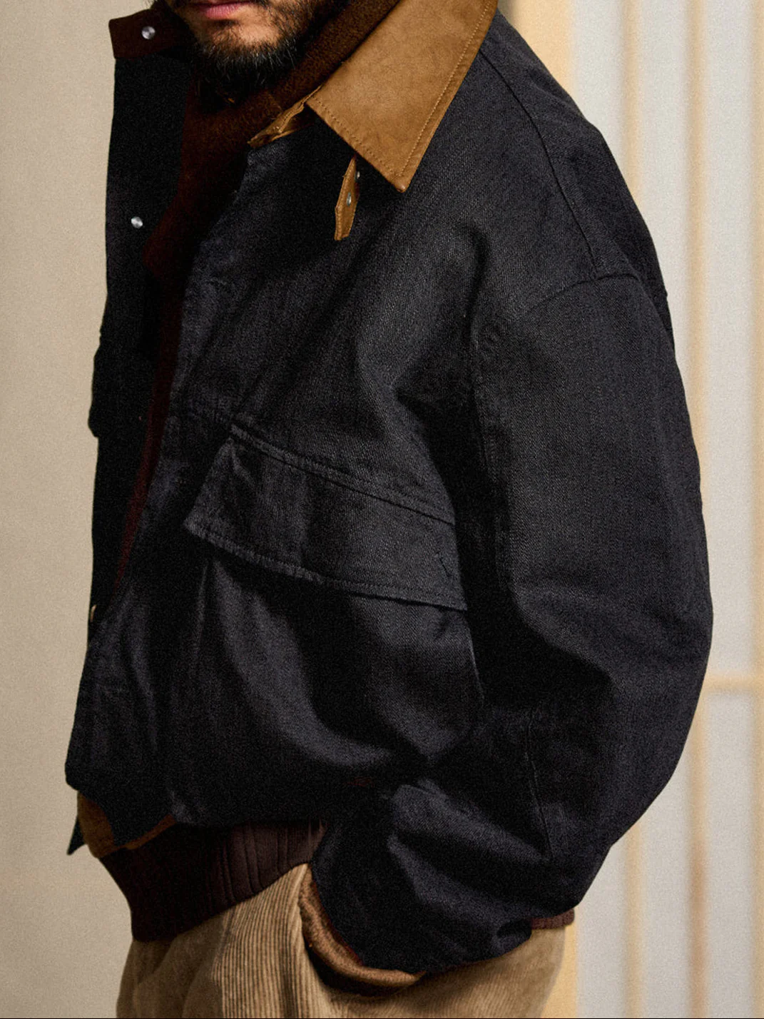 Mixed-Material Hunting Jacket with Leather-Effect Collar - Image 9