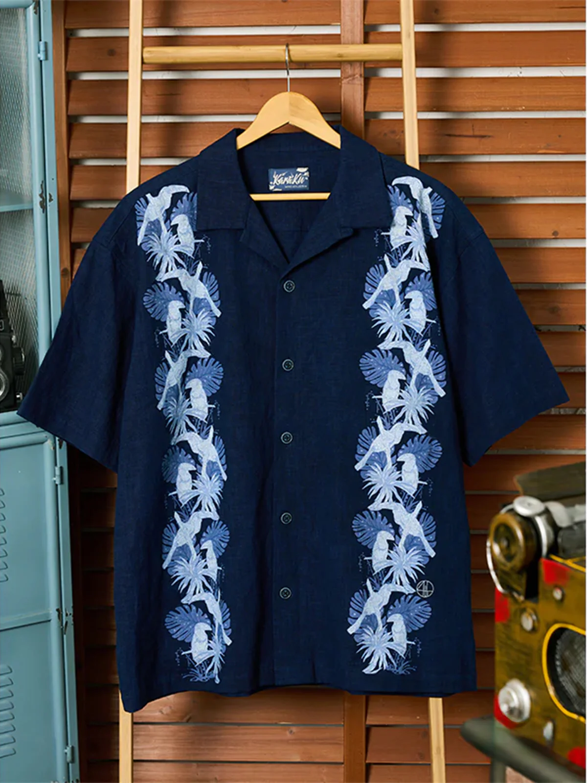 "Indigo-Dyed Series" Cotton-Linen Aloha Shirt with Toucan & Monstera Print - Image 3