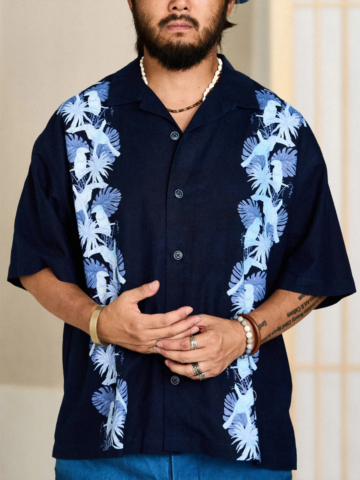 "Indigo-Dyed Series" Cotton-Linen Aloha Shirt with Toucan & Monstera Print - Image 4