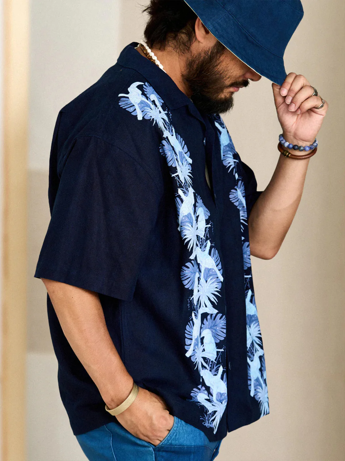 "Indigo-Dyed Series" Cotton-Linen Aloha Shirt with Toucan & Monstera Print - Image 5