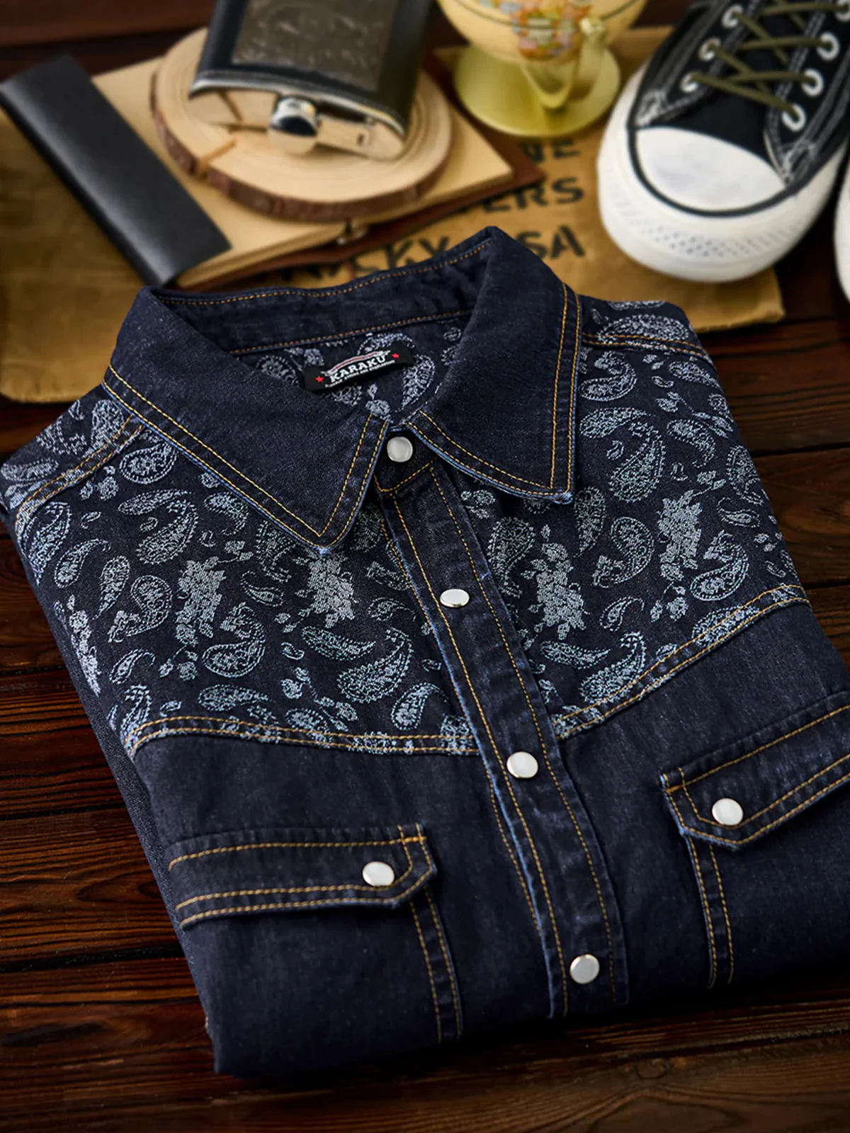Jacquard Paisley Panel Denim Western Shirt - Image 4