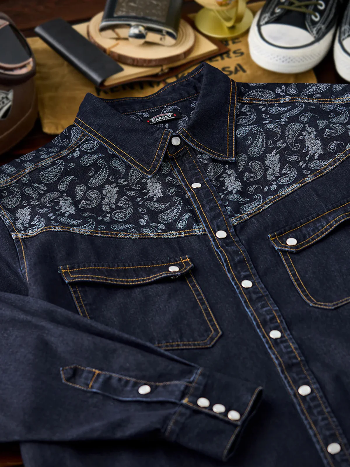 Jacquard Paisley Panel Denim Western Shirt - Image 5