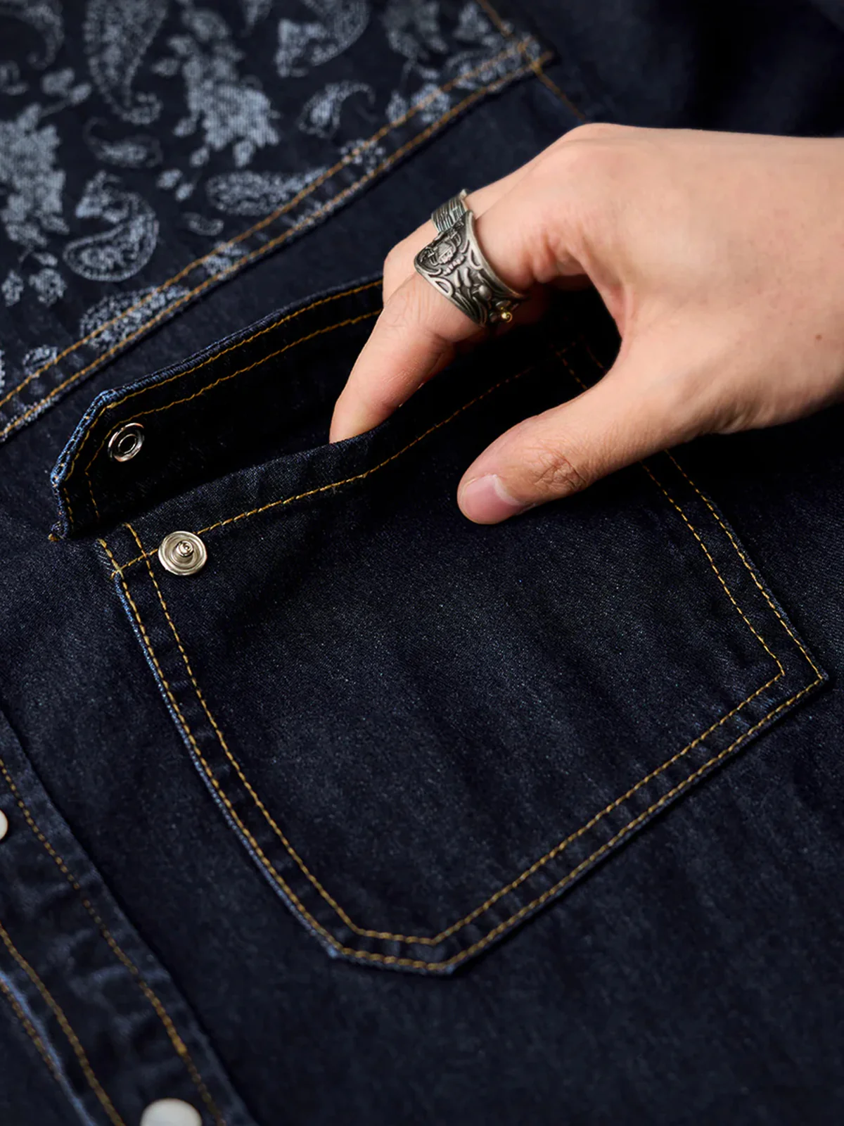 Jacquard Paisley Panel Denim Western Shirt - Image 7