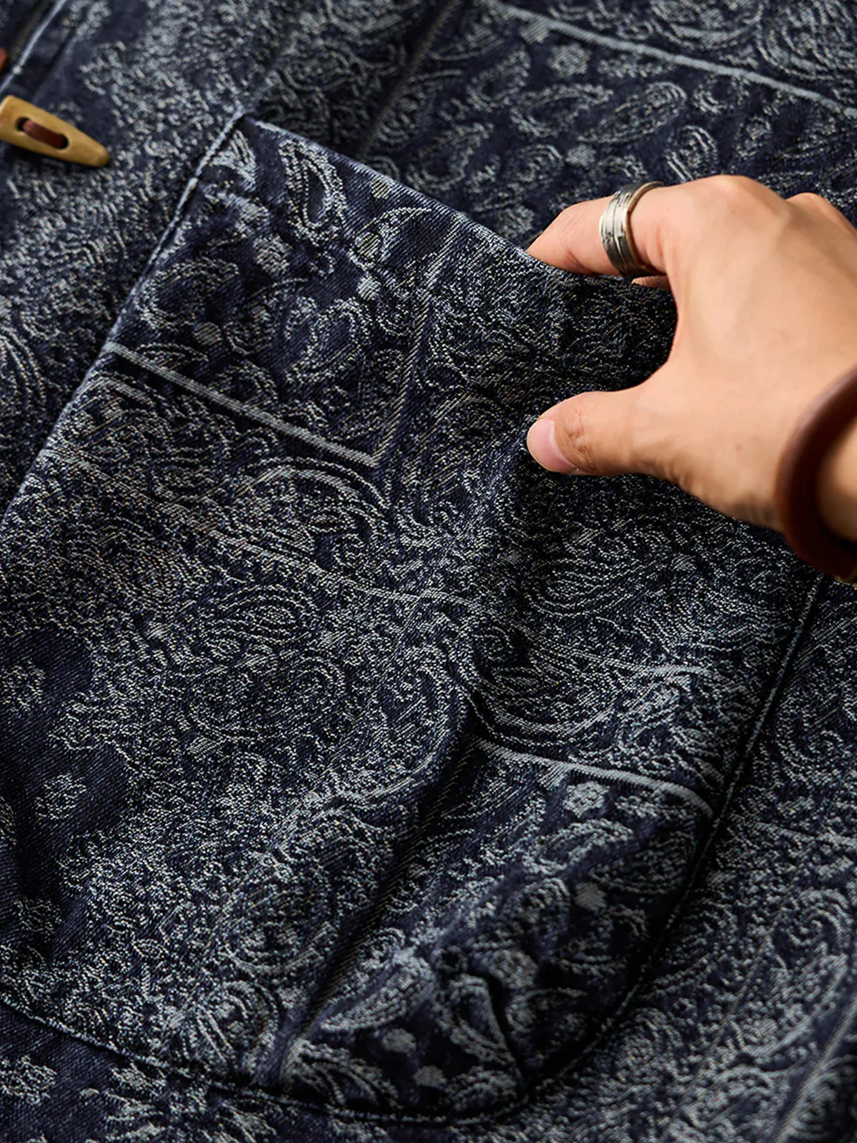 Toggle Buttons Paisley Jacquard Denim Shirt - Image 11