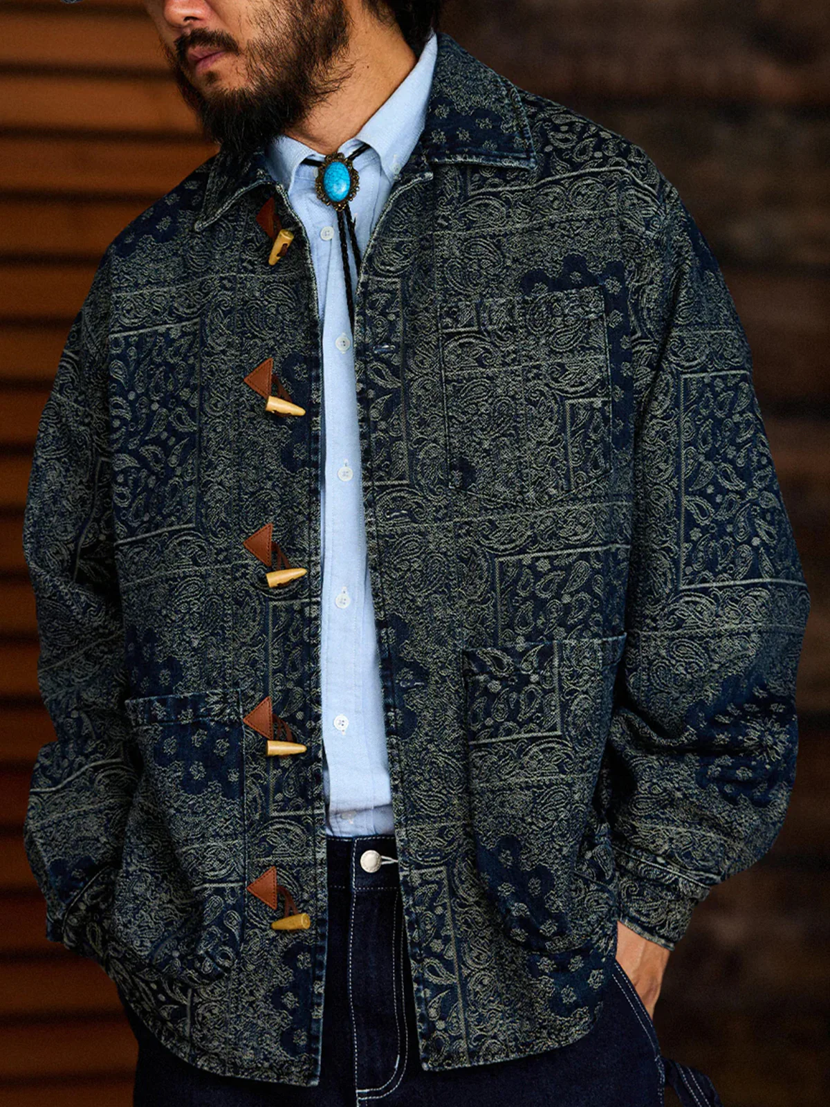 Toggle Buttons Paisley Jacquard Denim Shirt - Image 4