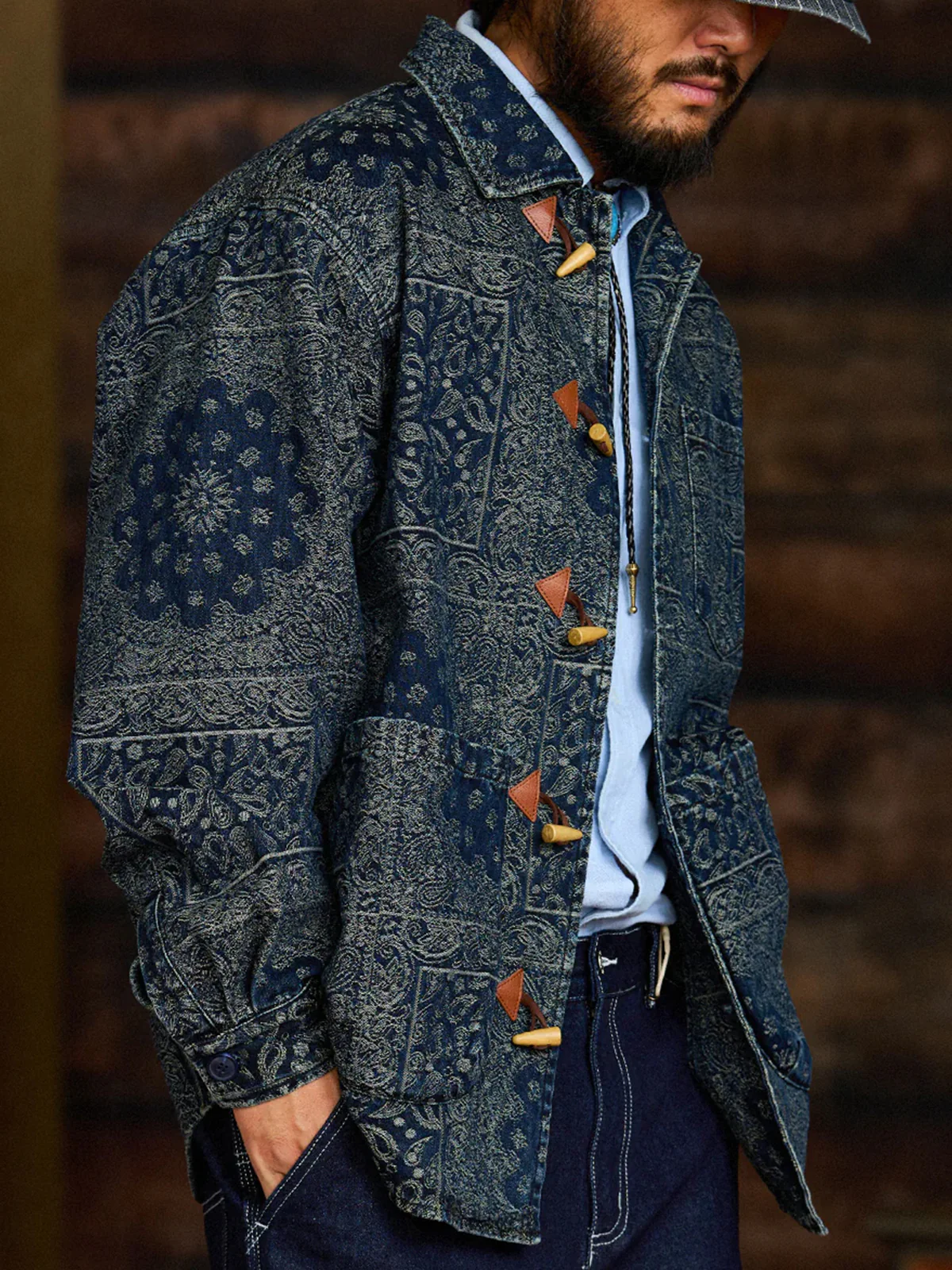 Toggle Buttons Paisley Jacquard Denim Shirt - Image 5