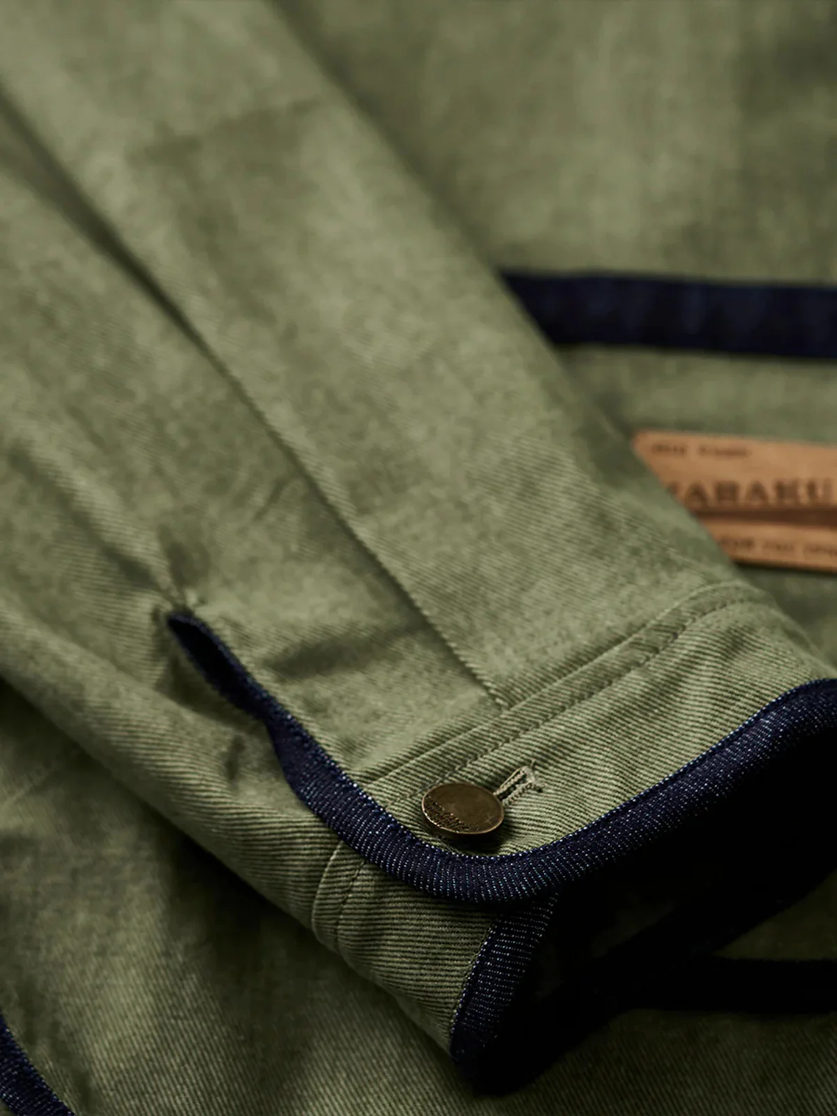 Denim Piping Custom Leather Tag Collarless Jacket - Image 10