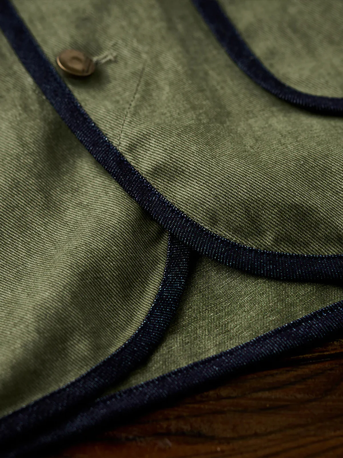 Denim Piping Custom Leather Tag Collarless Jacket - Image 12