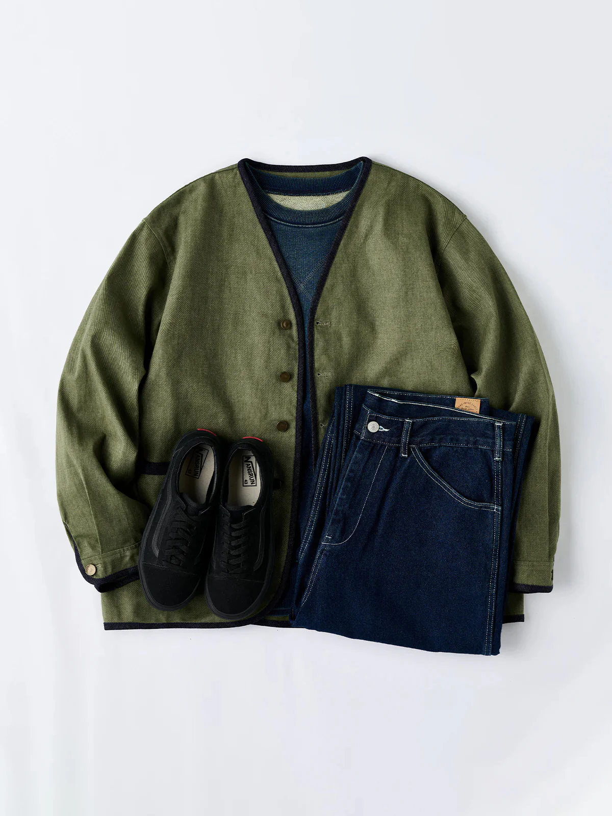 Denim Piping Custom Leather Tag Collarless Jacket - Image 17