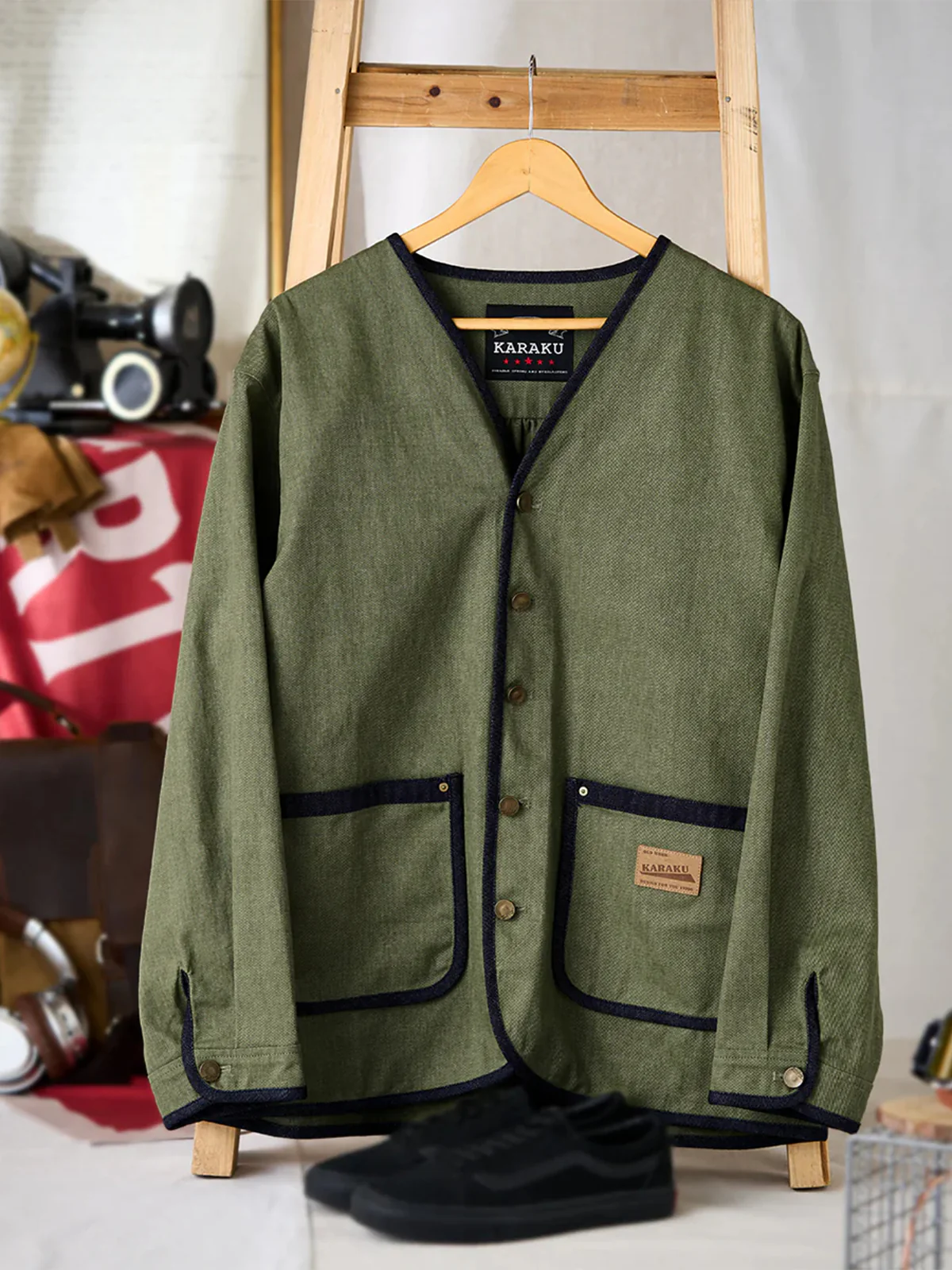 Denim Piping Custom Leather Tag Collarless Jacket - Image 3