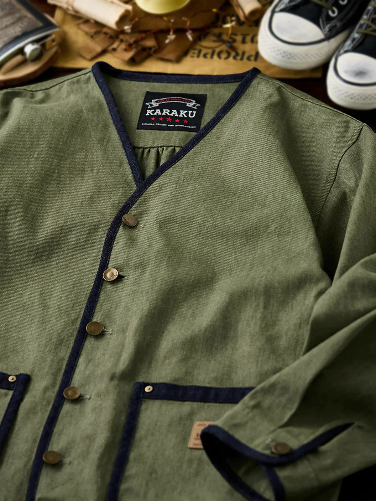 Denim Piping Custom Leather Tag Collarless Jacket - Image 4