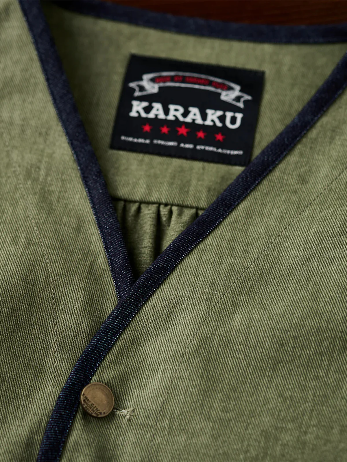 Denim Piping Custom Leather Tag Collarless Jacket - Image 5