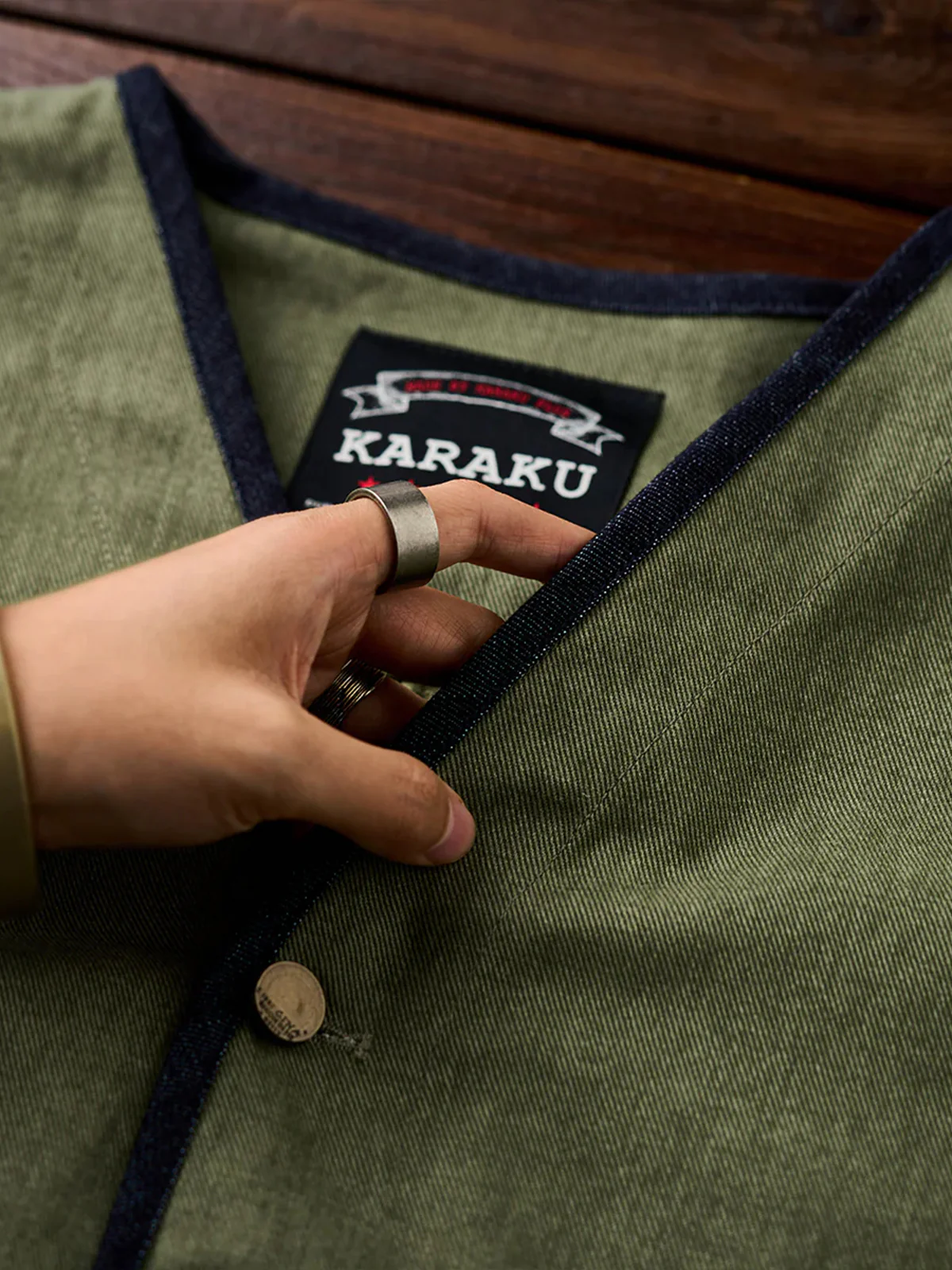 Denim Piping Custom Leather Tag Collarless Jacket - Image 6