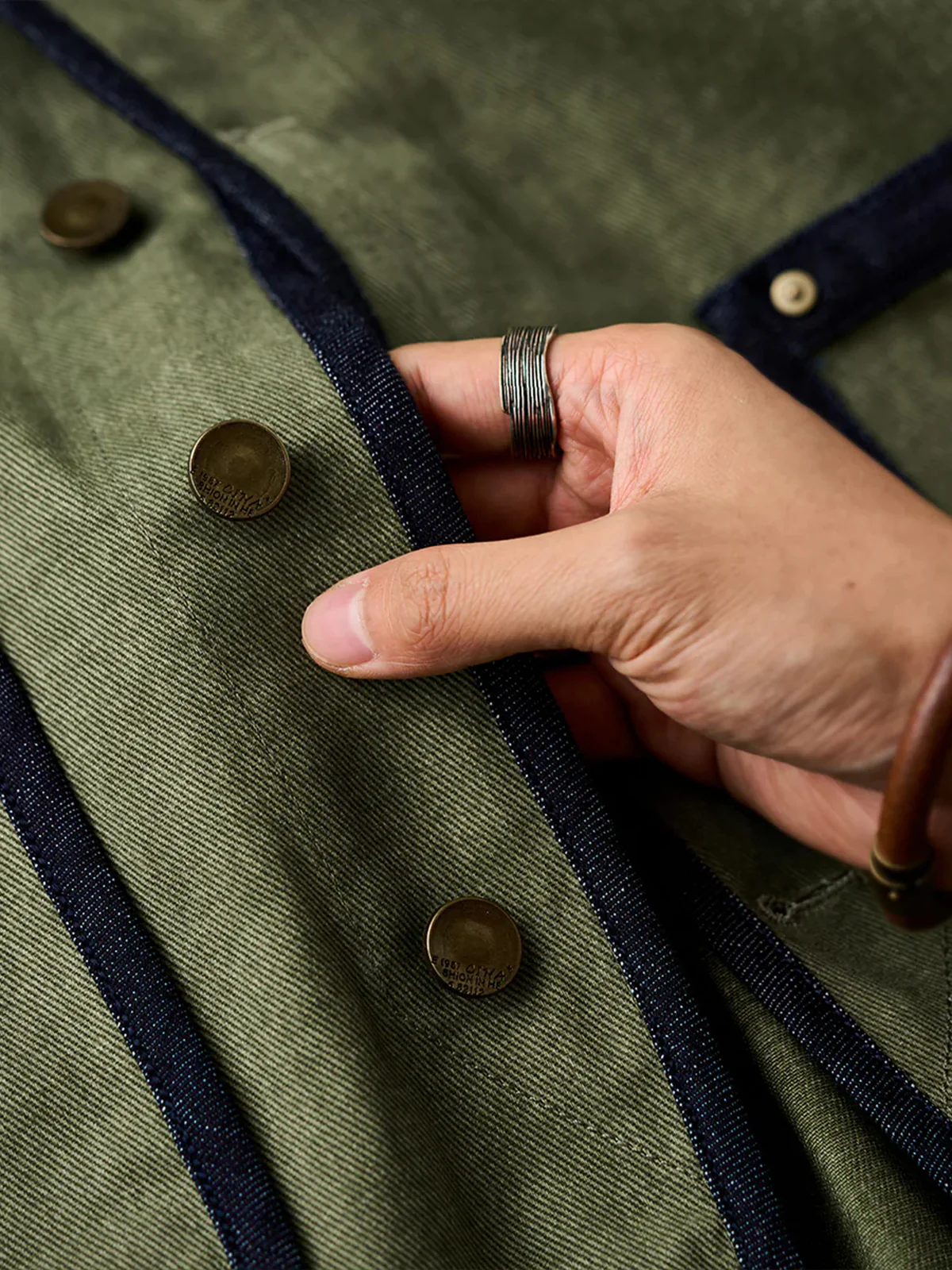 Denim Piping Custom Leather Tag Collarless Jacket - Image 8