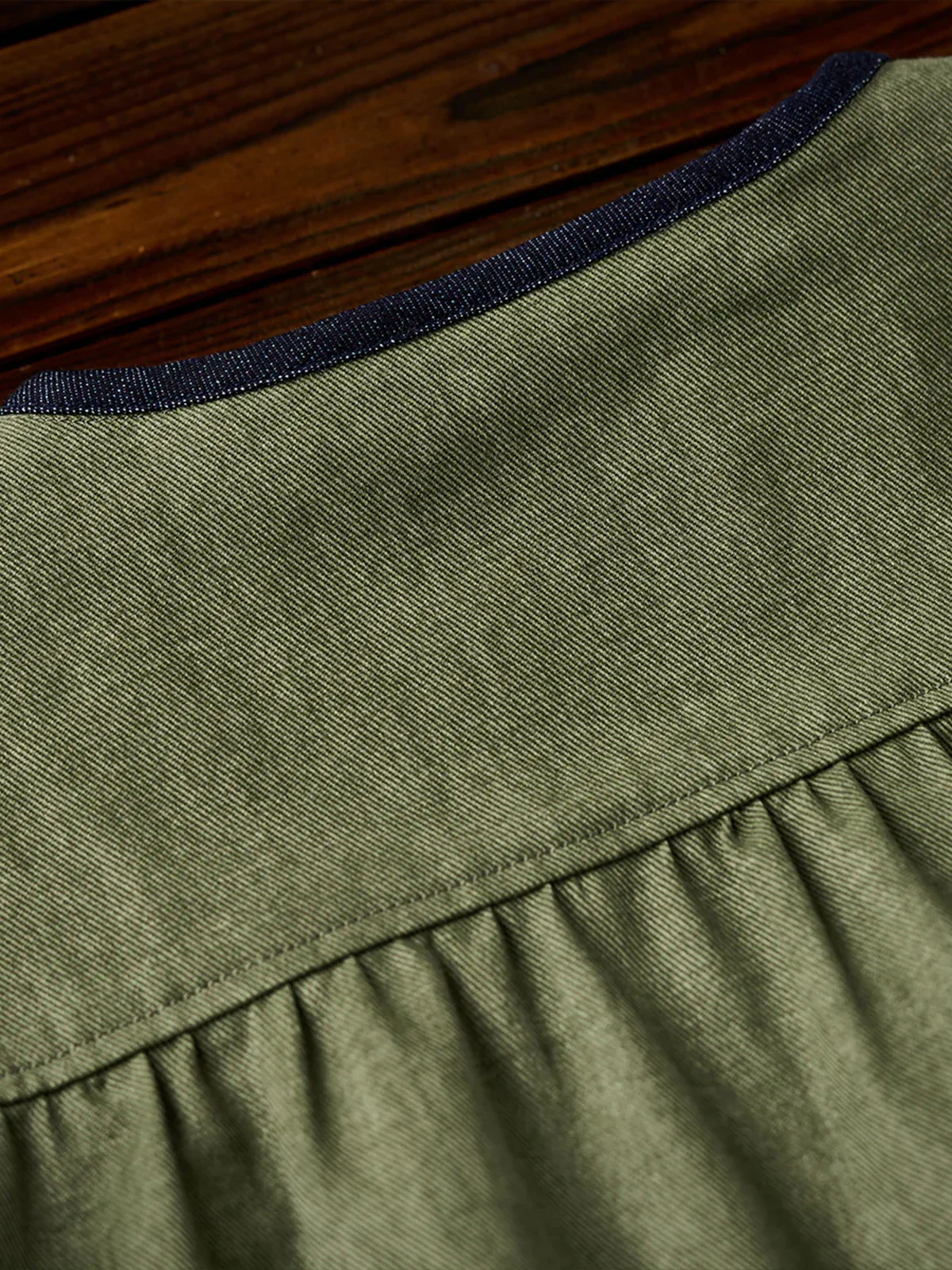 Denim Piping Custom Leather Tag Collarless Jacket - Image 9