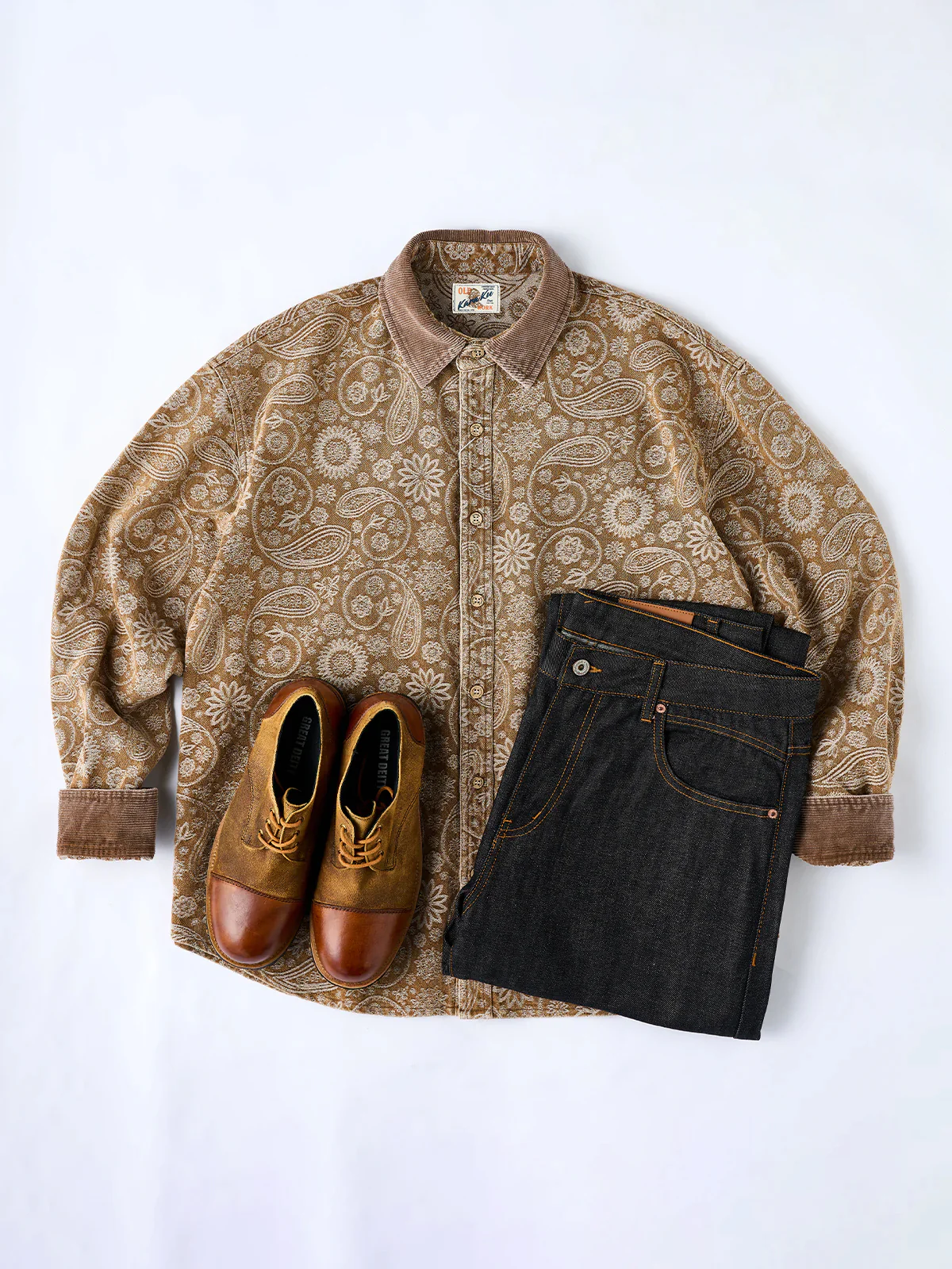 Paisley Jacquard Long-Sleeve Shirt with Corduroy Collar & Cuffs - Image 17
