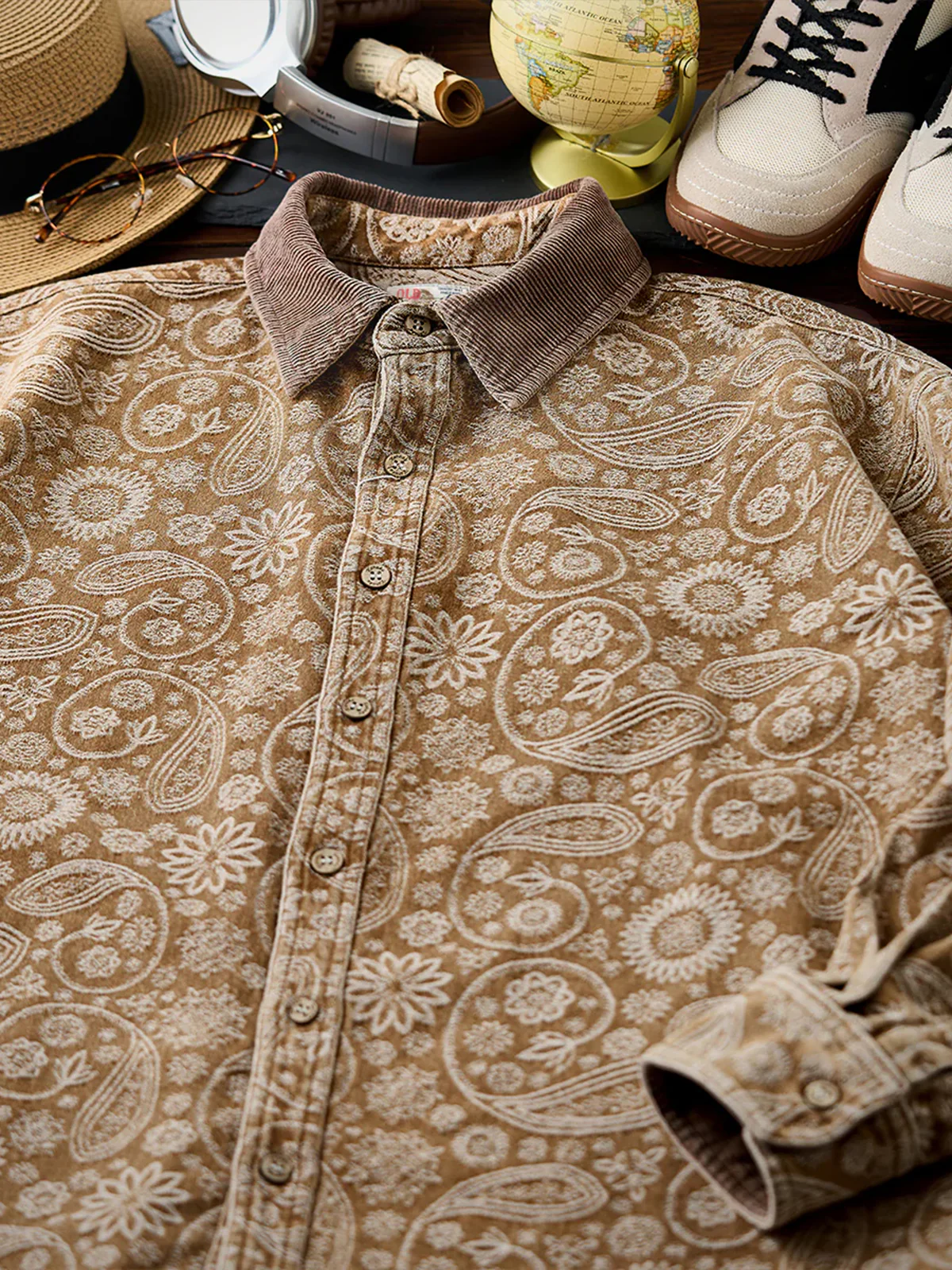 Paisley Jacquard Long-Sleeve Shirt with Corduroy Collar & Cuffs - Image 4