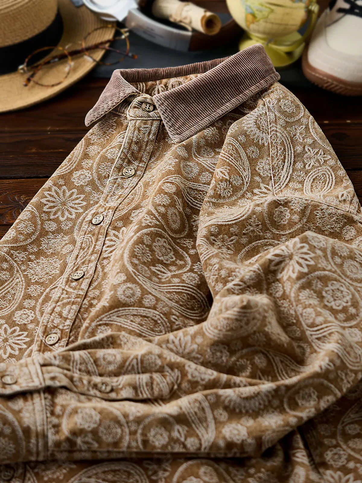 Paisley Jacquard Long-Sleeve Shirt with Corduroy Collar & Cuffs - Image 5