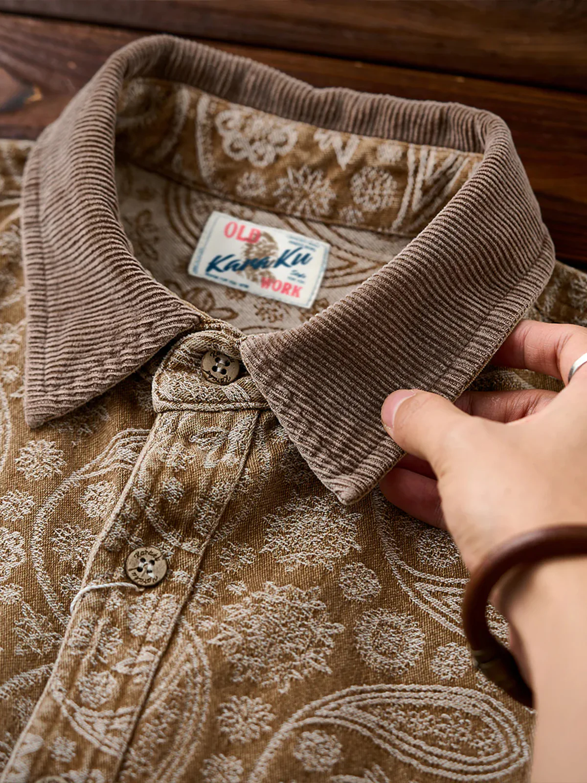 Paisley Jacquard Long-Sleeve Shirt with Corduroy Collar & Cuffs - Image 6