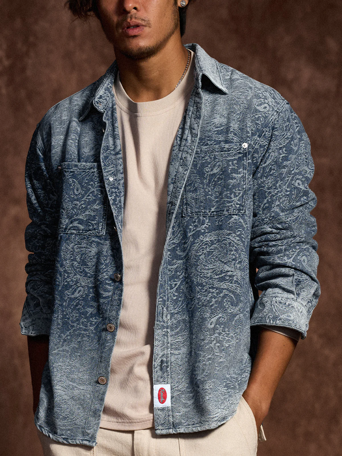 Gradient Paisley Jacquard Denim Work Shirt - Image 5