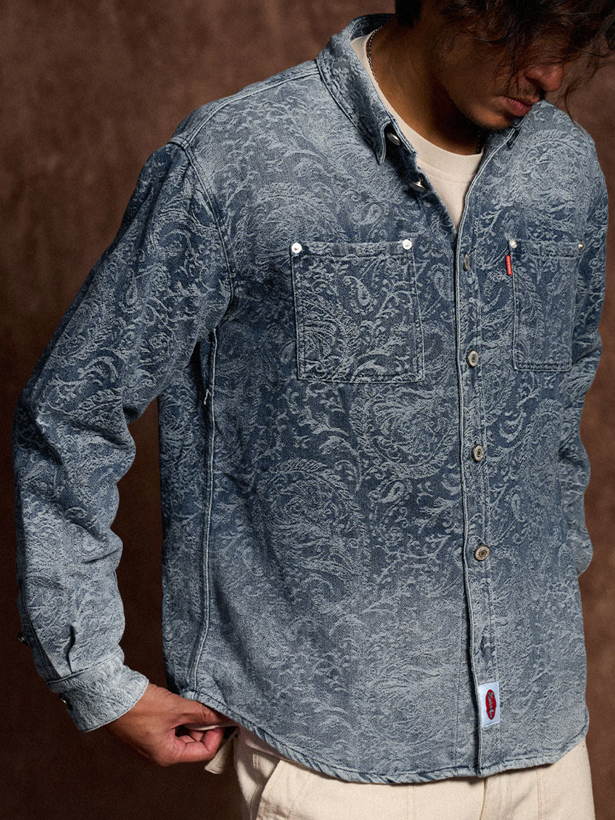 Gradient Paisley Jacquard Denim Work Shirt - Image 7
