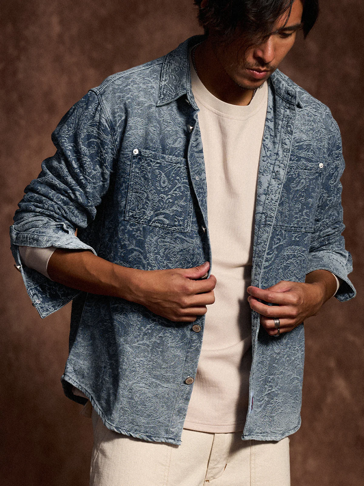 Gradient Paisley Jacquard Denim Work Shirt - Image 8