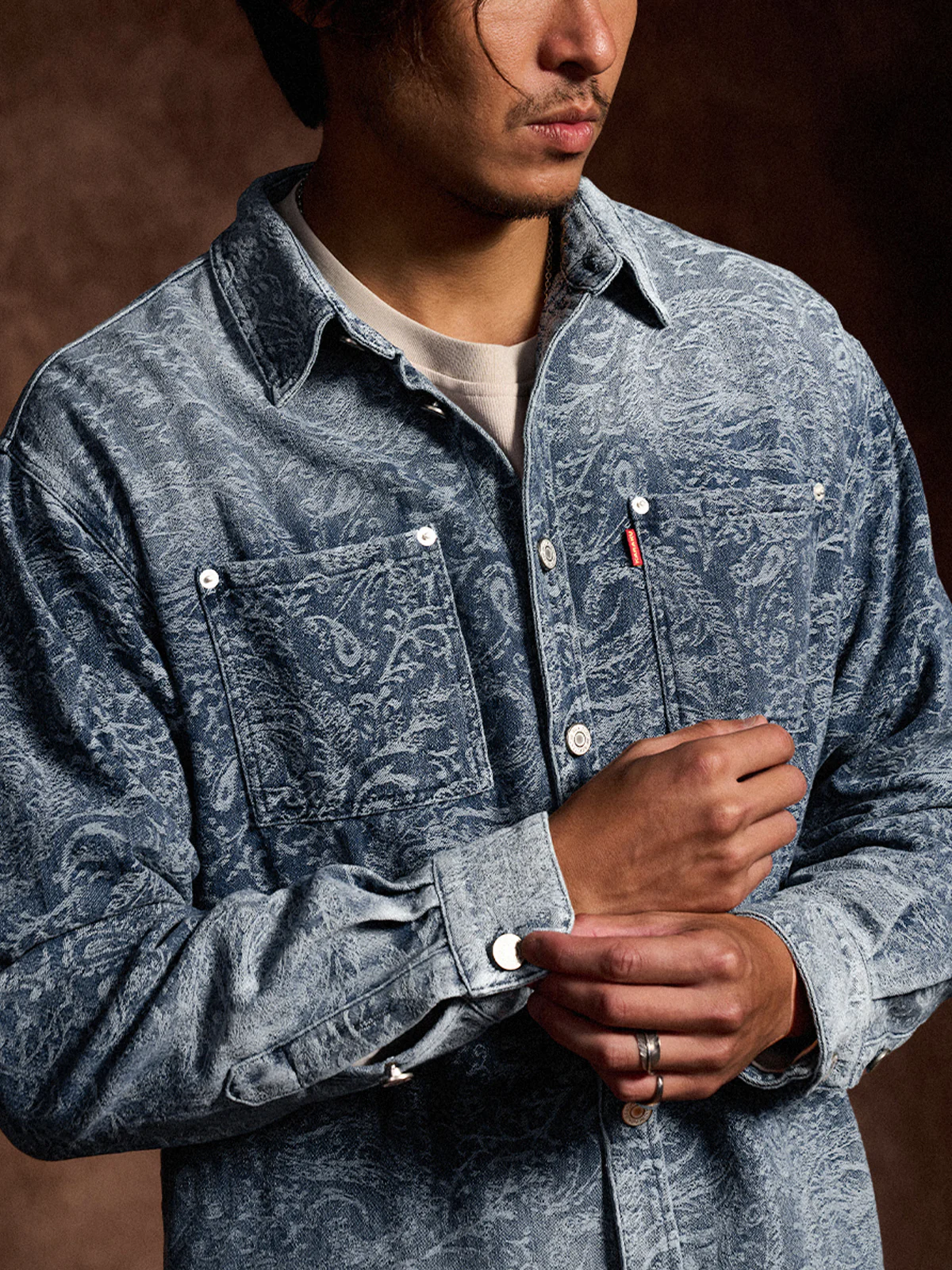 Gradient Paisley Jacquard Denim Work Shirt - Image 9