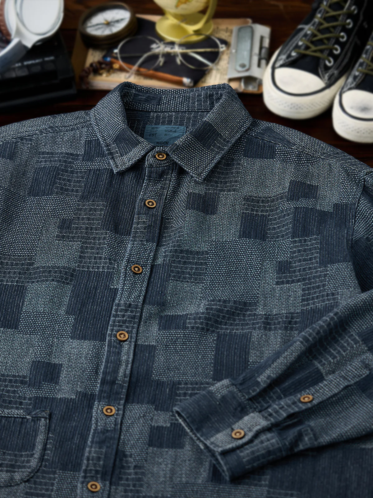 Boro Jacquard Pre-dyed Denim Work Shirt - Image 10
