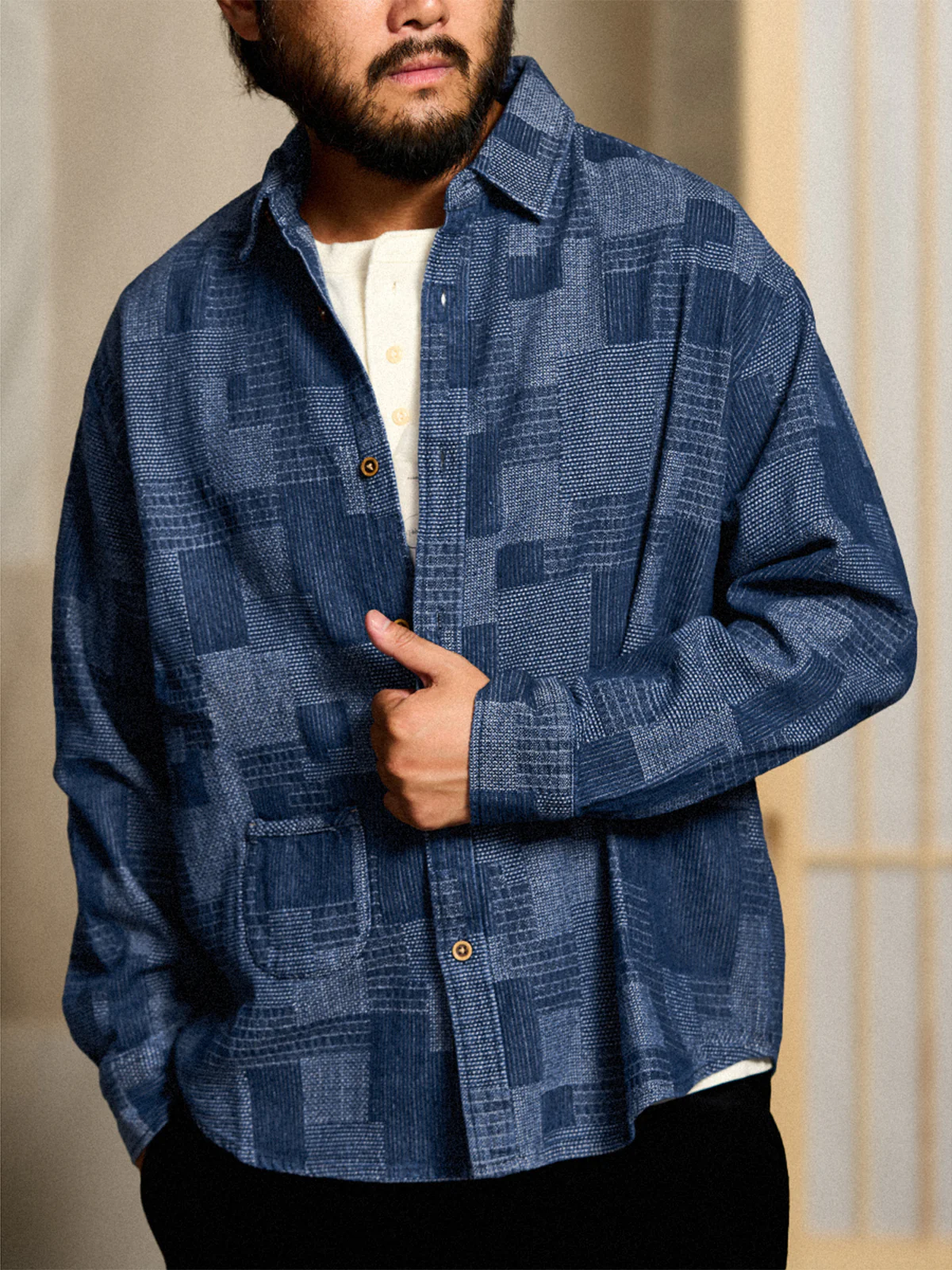 Boro Jacquard Pre-dyed Denim Work Shirt - Image 3