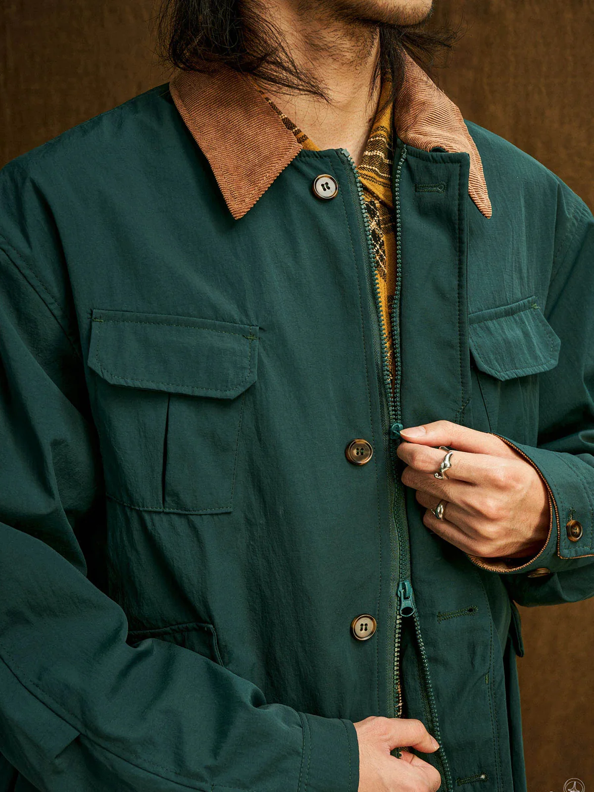 Corduroy-Lined Collar and Cuffs Water-Repellent Hunting Jacket - Image 4