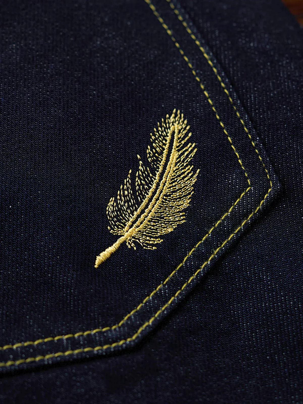 Straight Denim Pants with Feather Embroidery and Yellow Stitching - Image 10