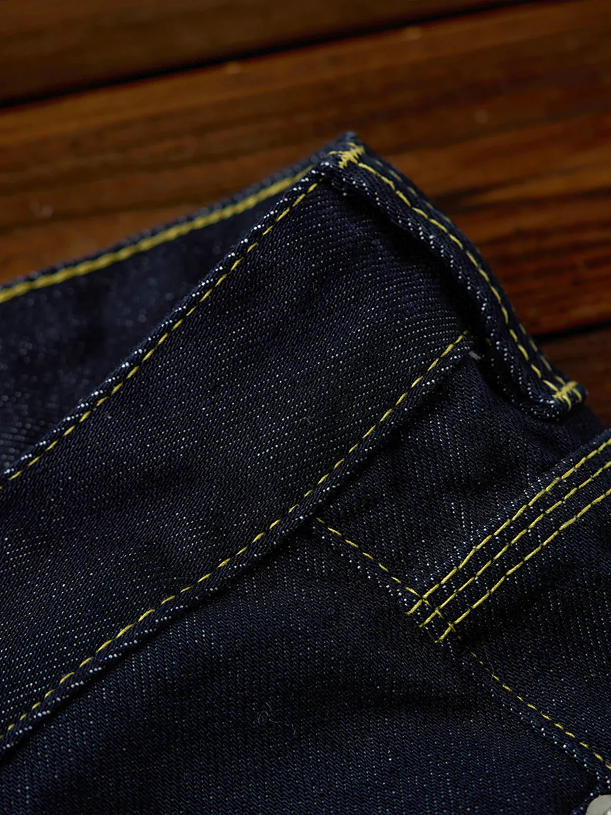 Straight Denim Pants with Feather Embroidery and Yellow Stitching - Image 11