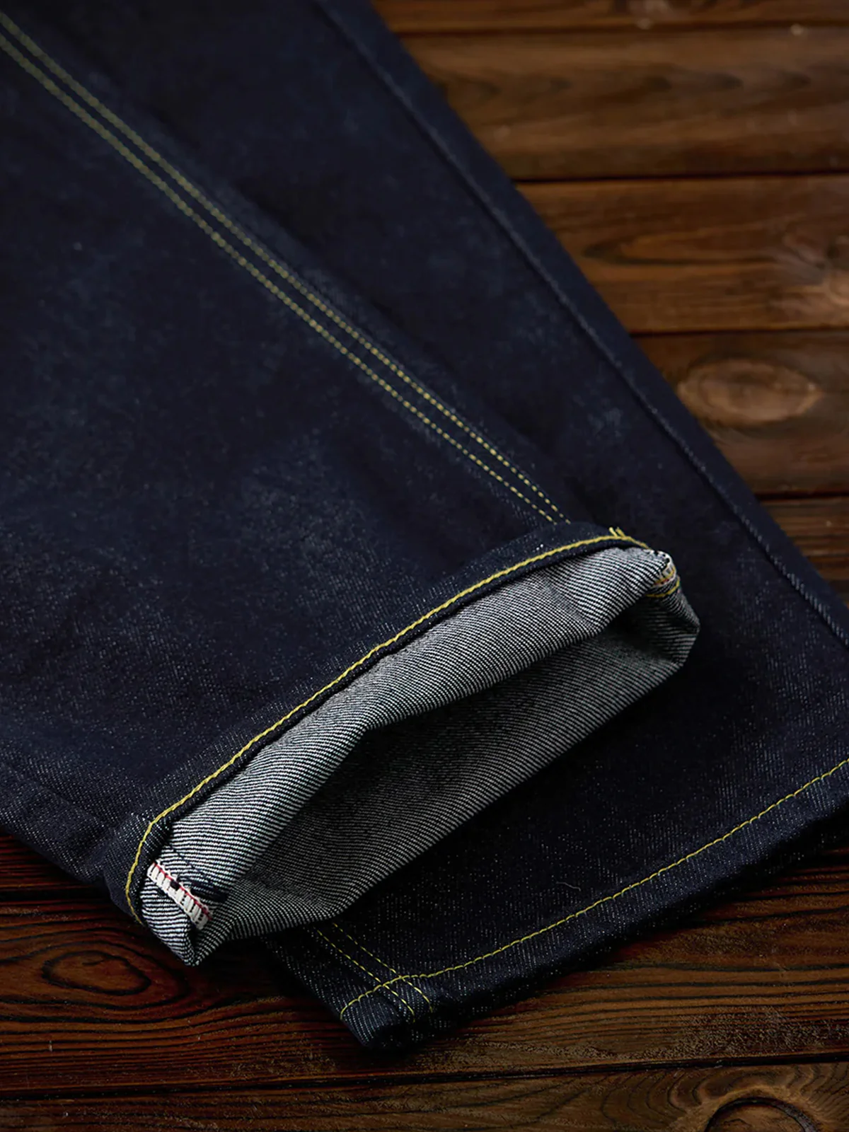 Straight Denim Pants with Feather Embroidery and Yellow Stitching - Image 13