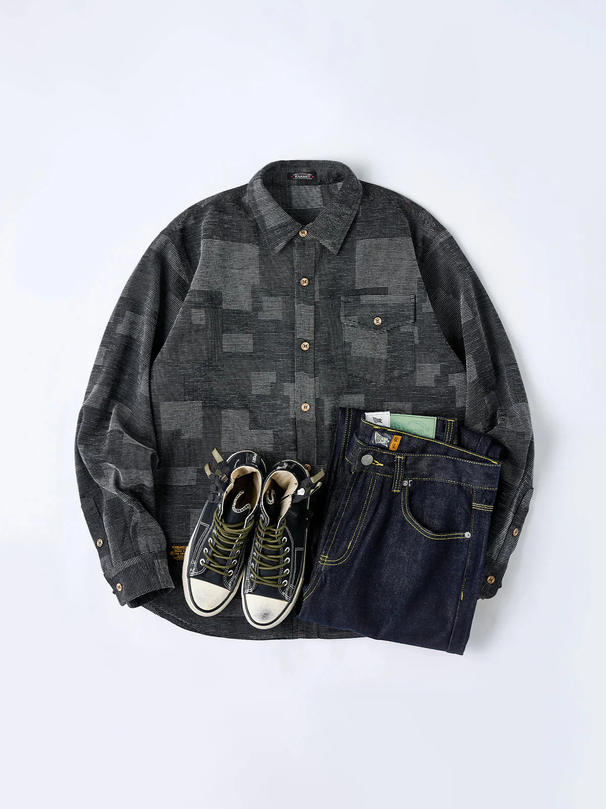 Straight Denim Pants with Feather Embroidery and Yellow Stitching - Image 14