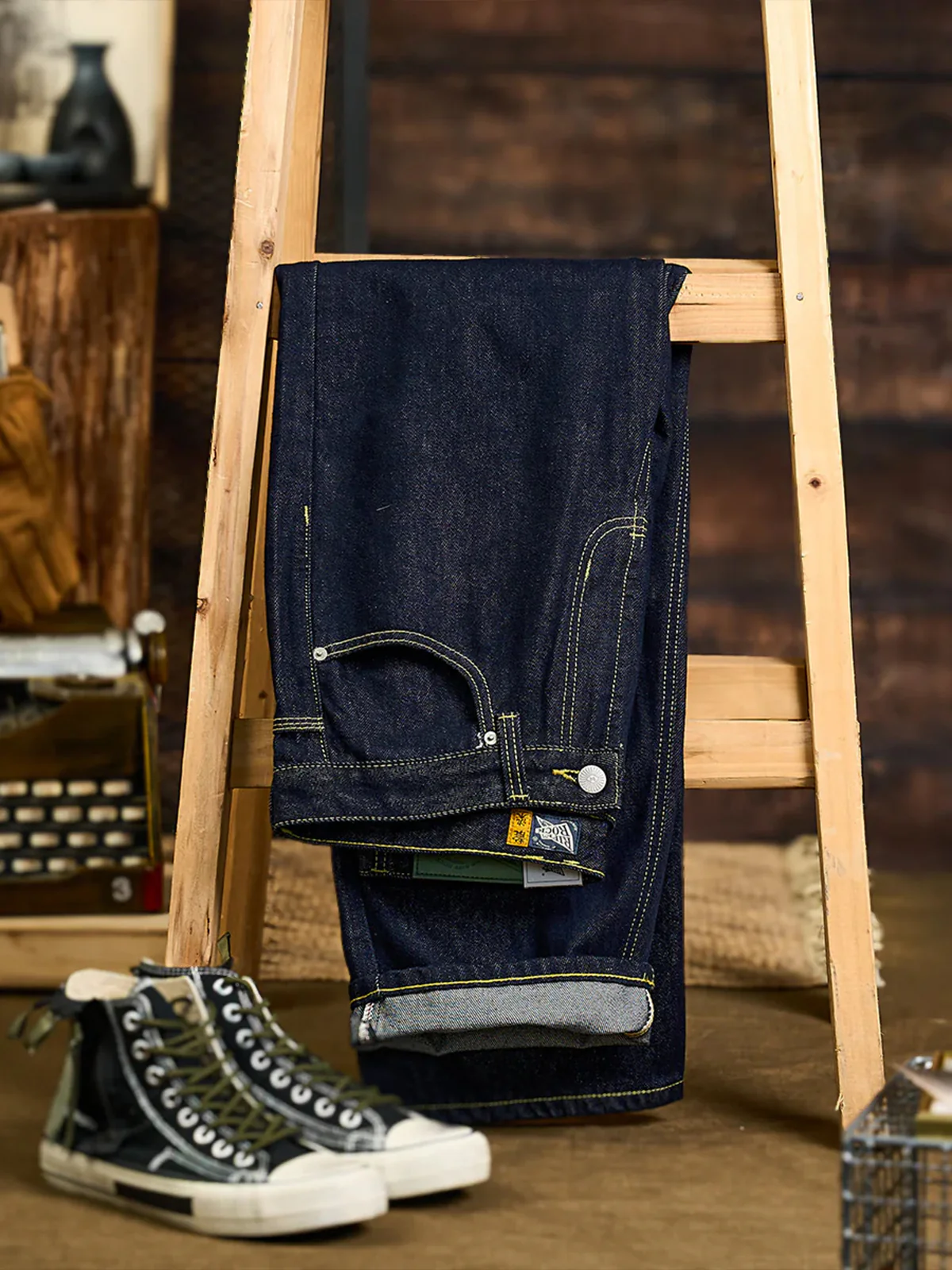 Straight Denim Pants with Feather Embroidery and Yellow Stitching - Image 3