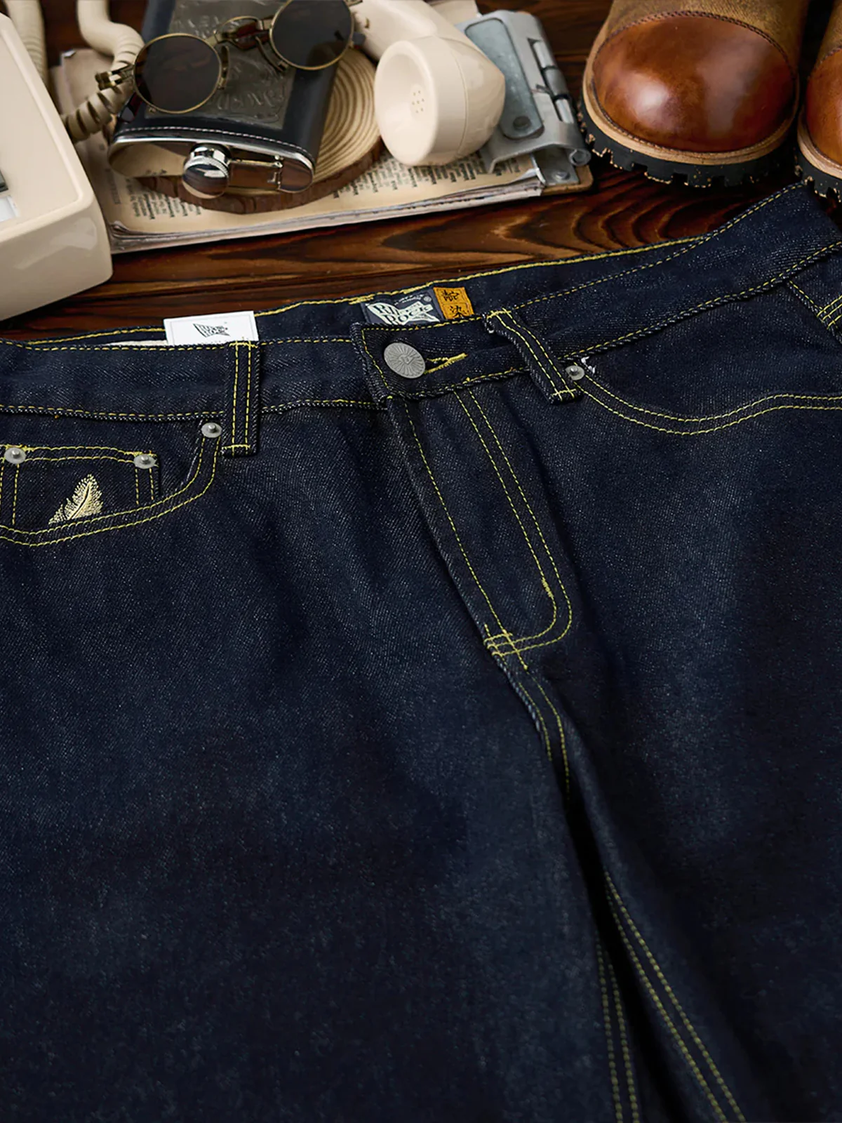 Straight Denim Pants with Feather Embroidery and Yellow Stitching - Image 4