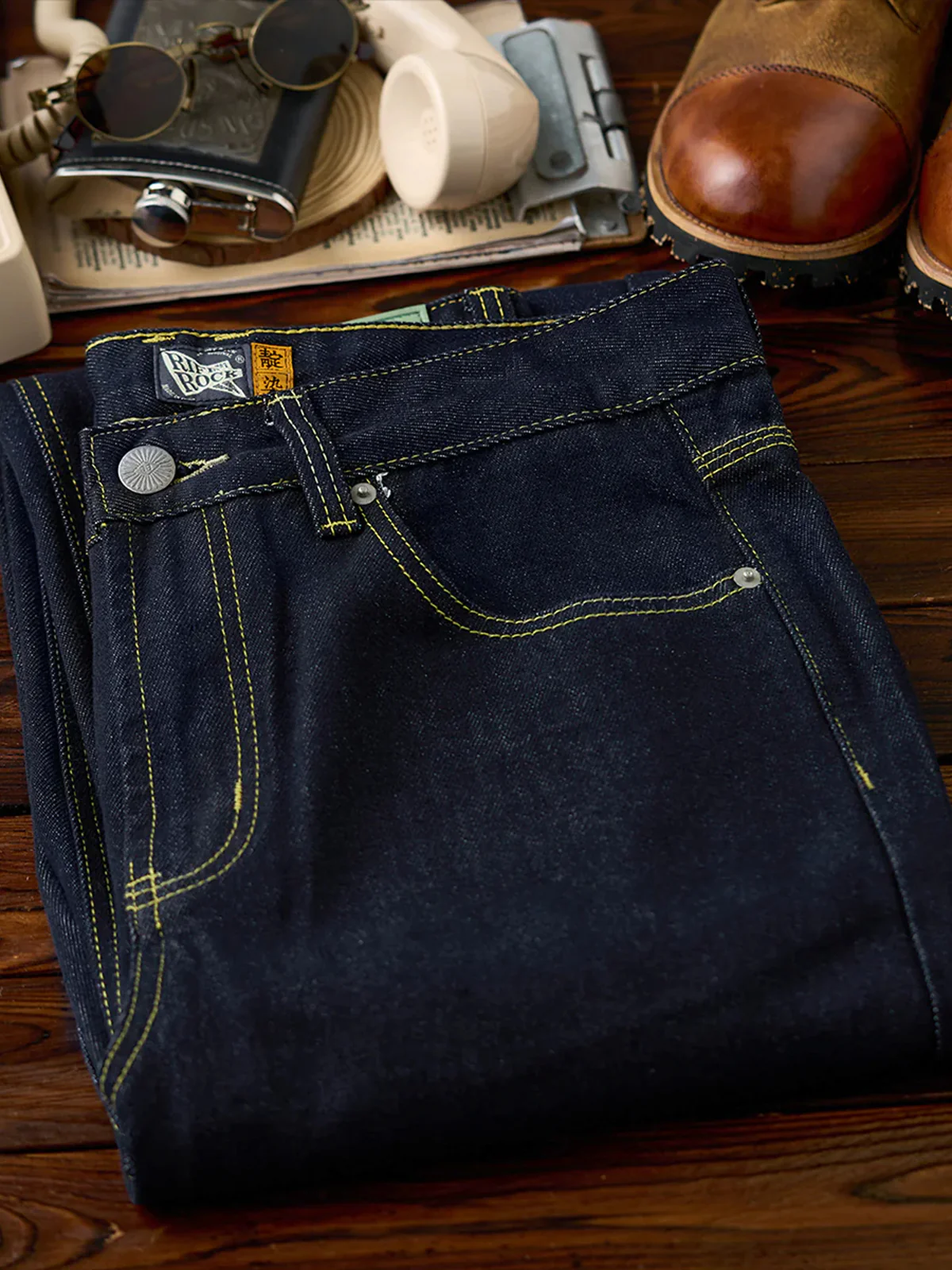 Straight Denim Pants with Feather Embroidery and Yellow Stitching - Image 5