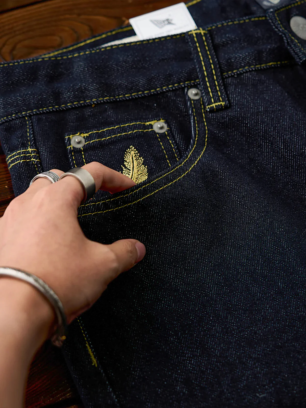 Straight Denim Pants with Feather Embroidery and Yellow Stitching - Image 7