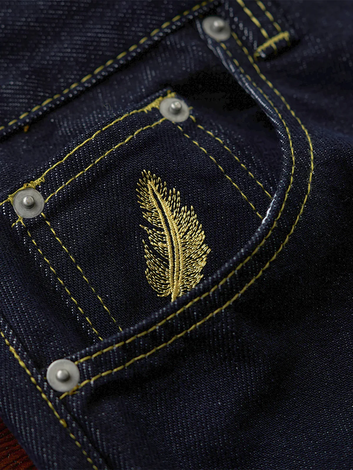 Straight Denim Pants with Feather Embroidery and Yellow Stitching - Image 8