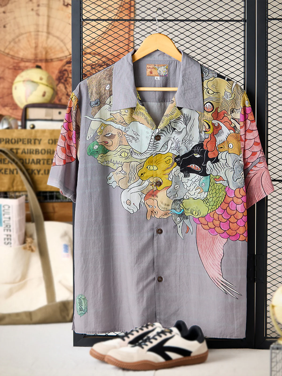 KARAKU×Ayako Ishiguro "Hundred-headed Fish" Ukiyo-e Style Tencel Aloha Shirt - Image 5