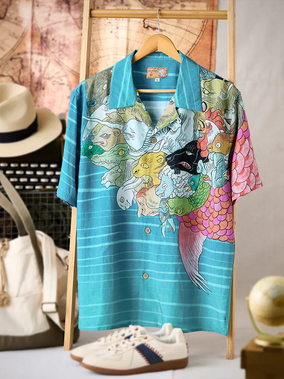 KARAKU×Ayako Ishiguro "Hundred-headed Fish" Ukiyo-e Style Tencel Aloha Shirt - Image 6