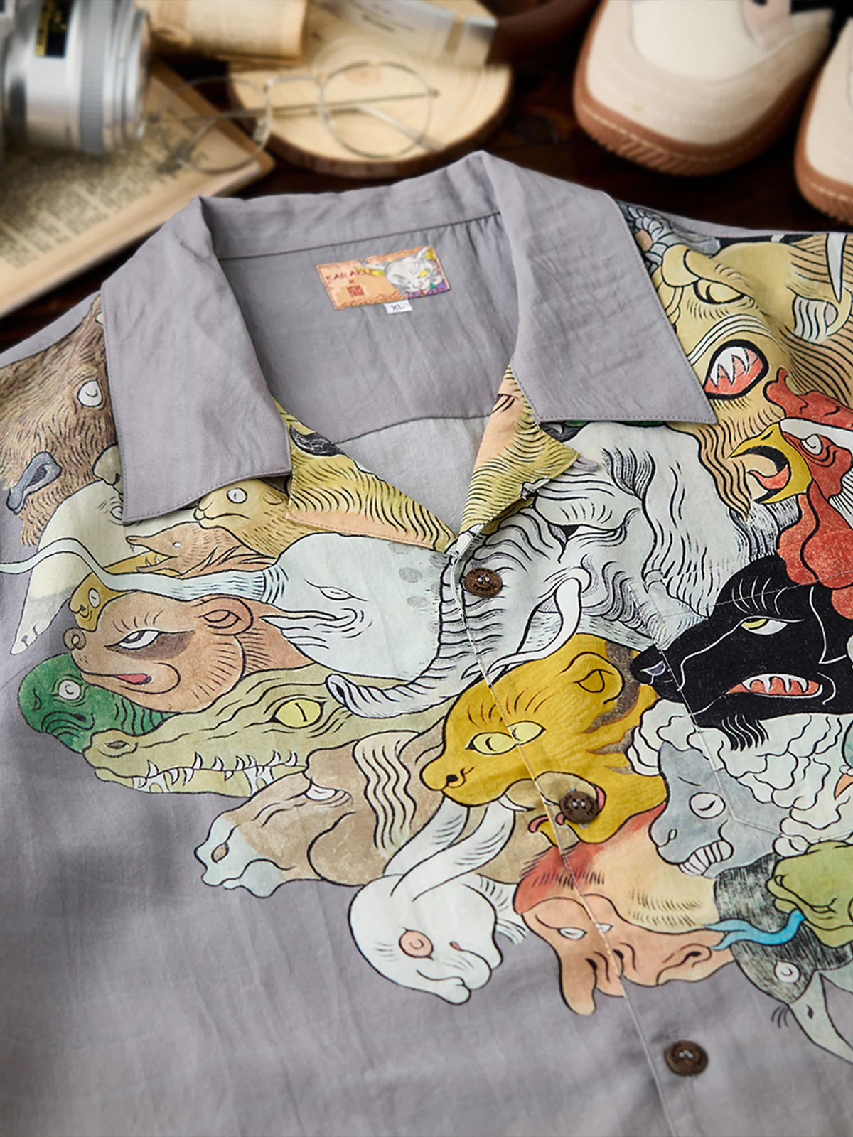 KARAKU×Ayako Ishiguro "Hundred-headed Fish" Ukiyo-e Style Tencel Aloha Shirt - Image 7