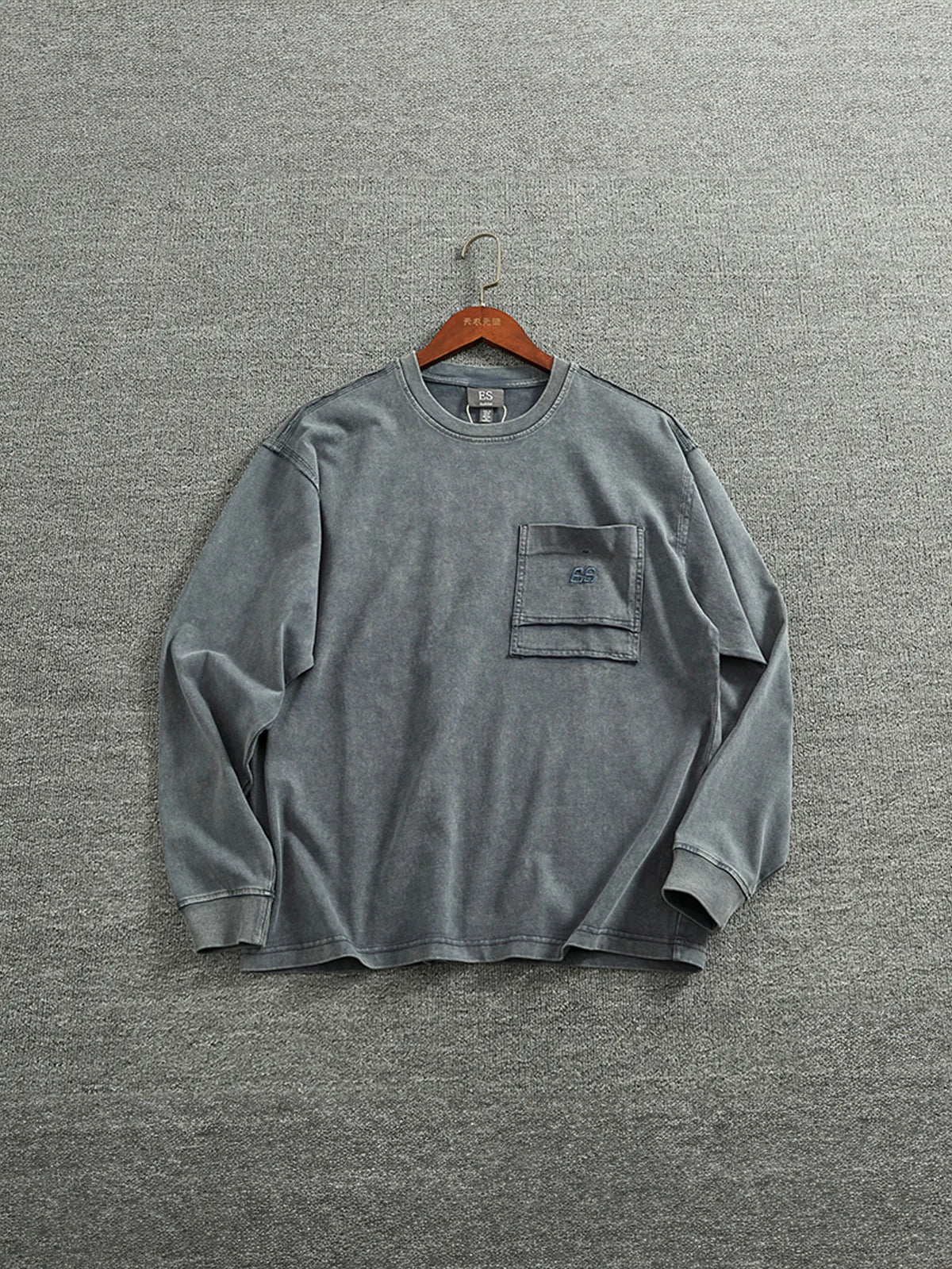 Washed Finish Mini Embroidery & Color-Variation Pocket Long Sleeve Tee - Image 5