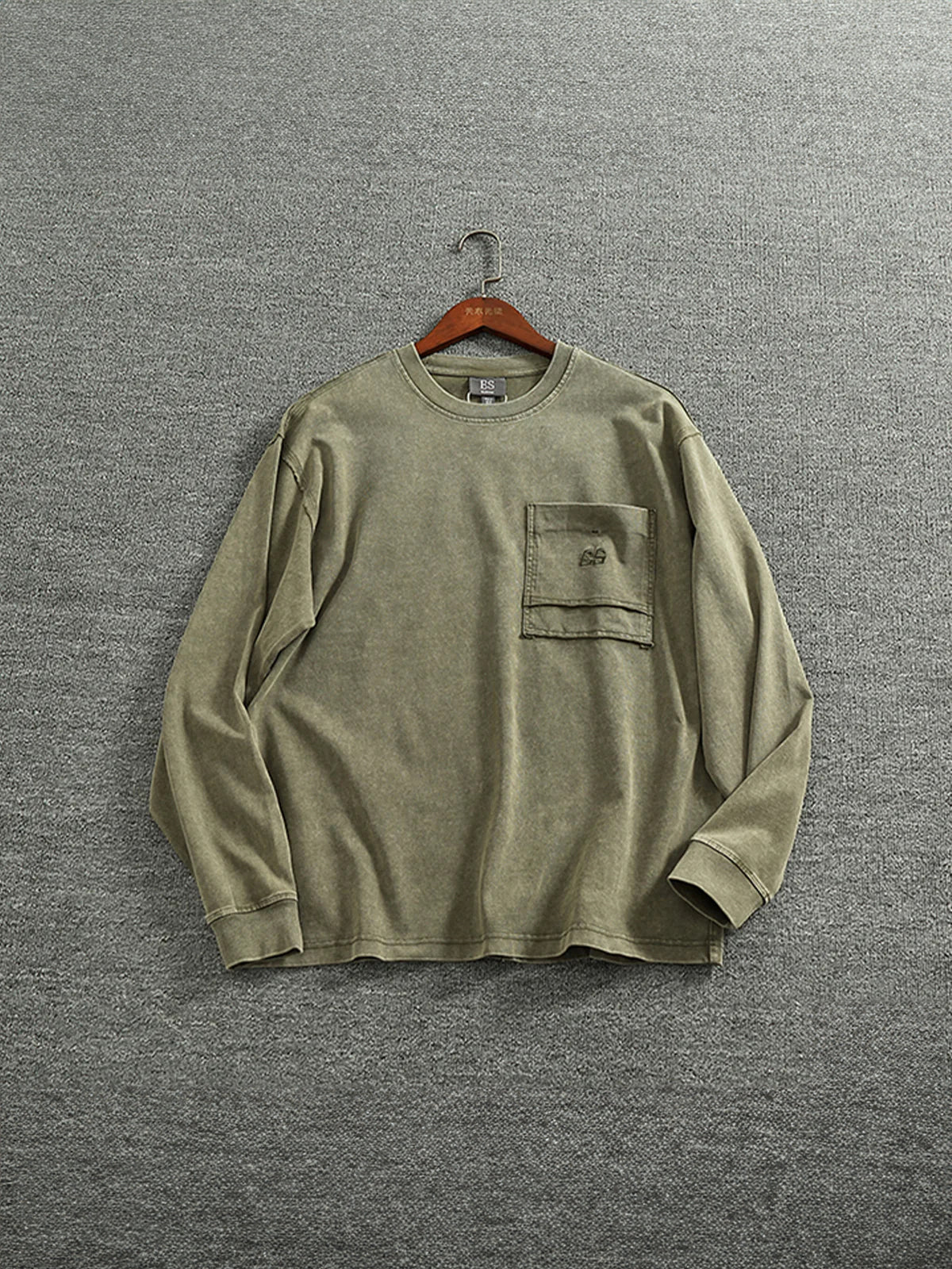 Washed Finish Mini Embroidery & Color-Variation Pocket Long Sleeve Tee - Image 6