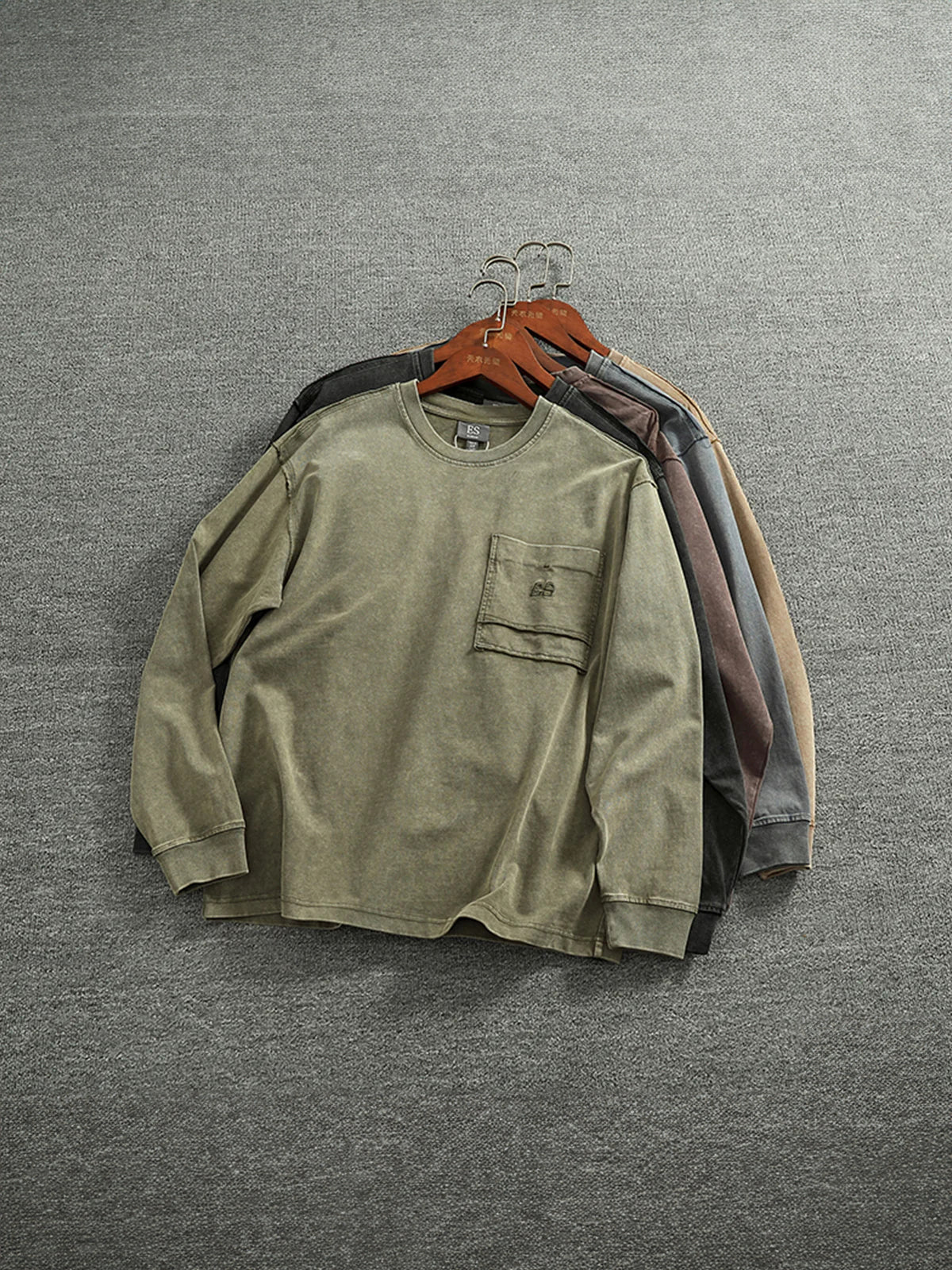 Washed Finish Mini Embroidery & Color-Variation Pocket Long Sleeve Tee - Image 8